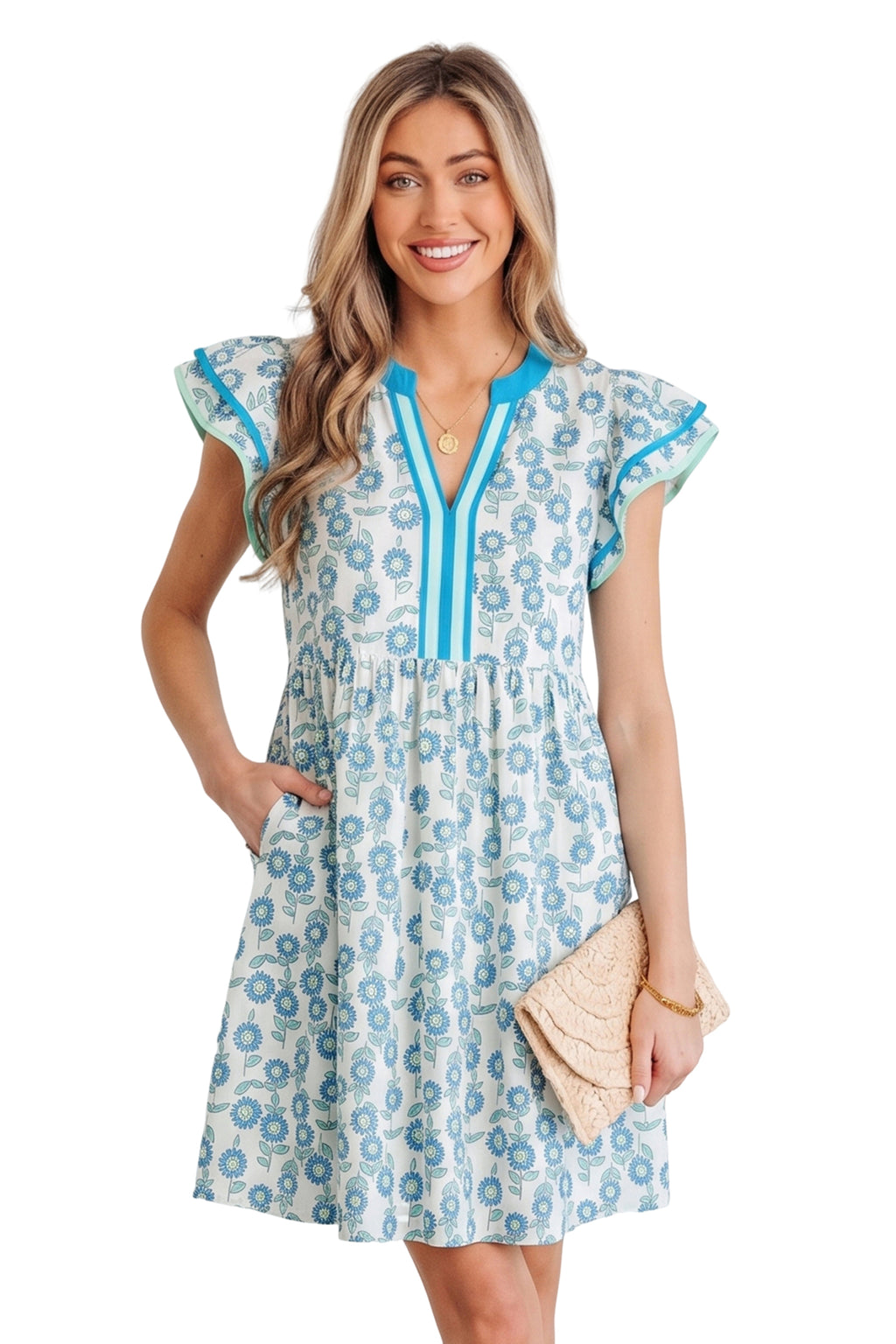 Red Floral Print Contrast Trim Flutter Sleeve Mini Dress