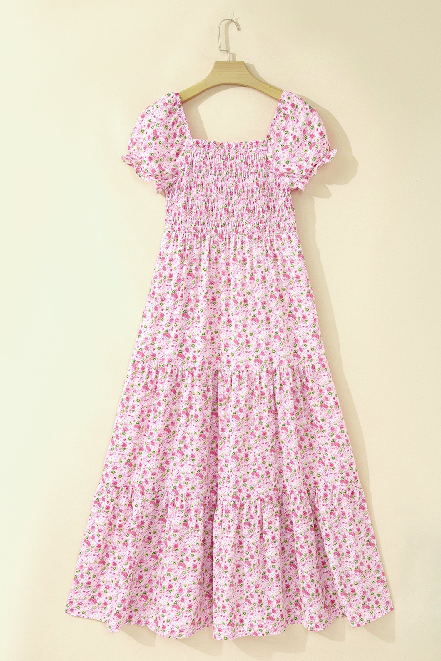 Green Floral Short Bubble Sleeve Shirred High Waist Maxi Dress