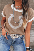 Horse Shoe Pattern Contrast Trim Short Sleeve Sweater