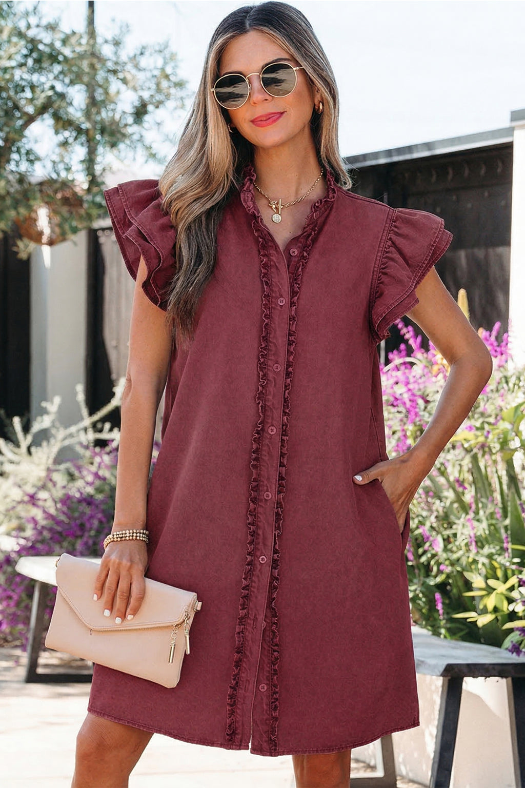 Myosotis Frilled Detail Button Down Ruffle Short Sleeve Denim Mini Dress