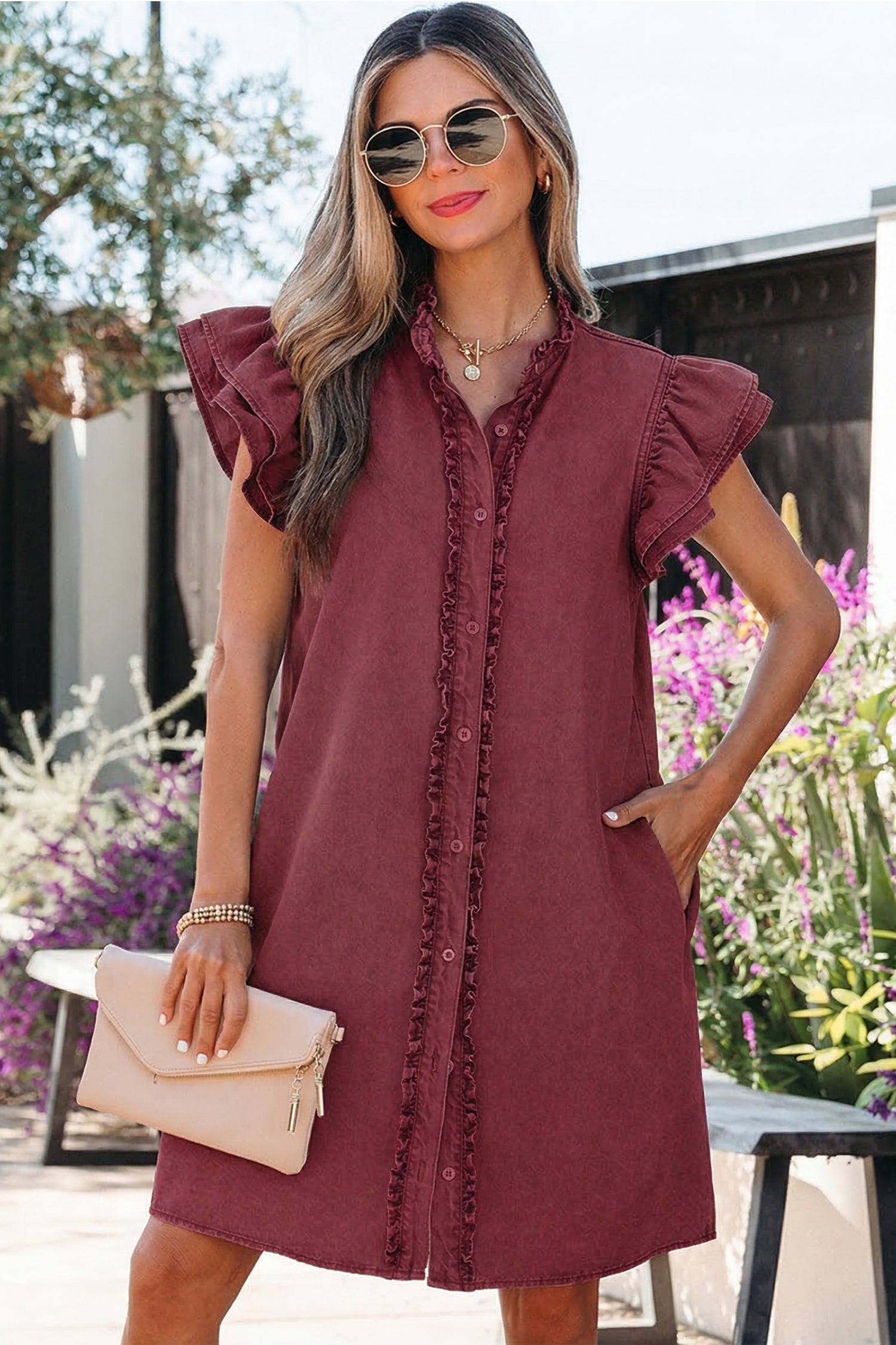 Myosotis Frilled Detail Button Down Ruffle Short Sleeve Denim Mini Dress