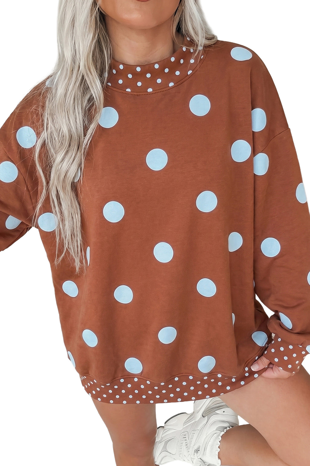 Red Polka Dot Print Contrast Detail Oversized Tunic Sweatshirt