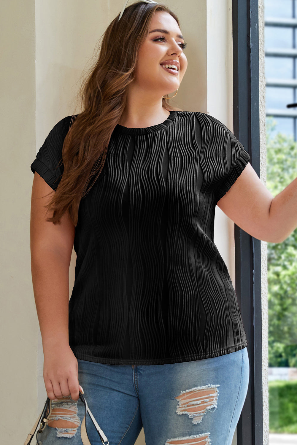 Jungle Green Solid Color Wavy Textured Plus Size Tee