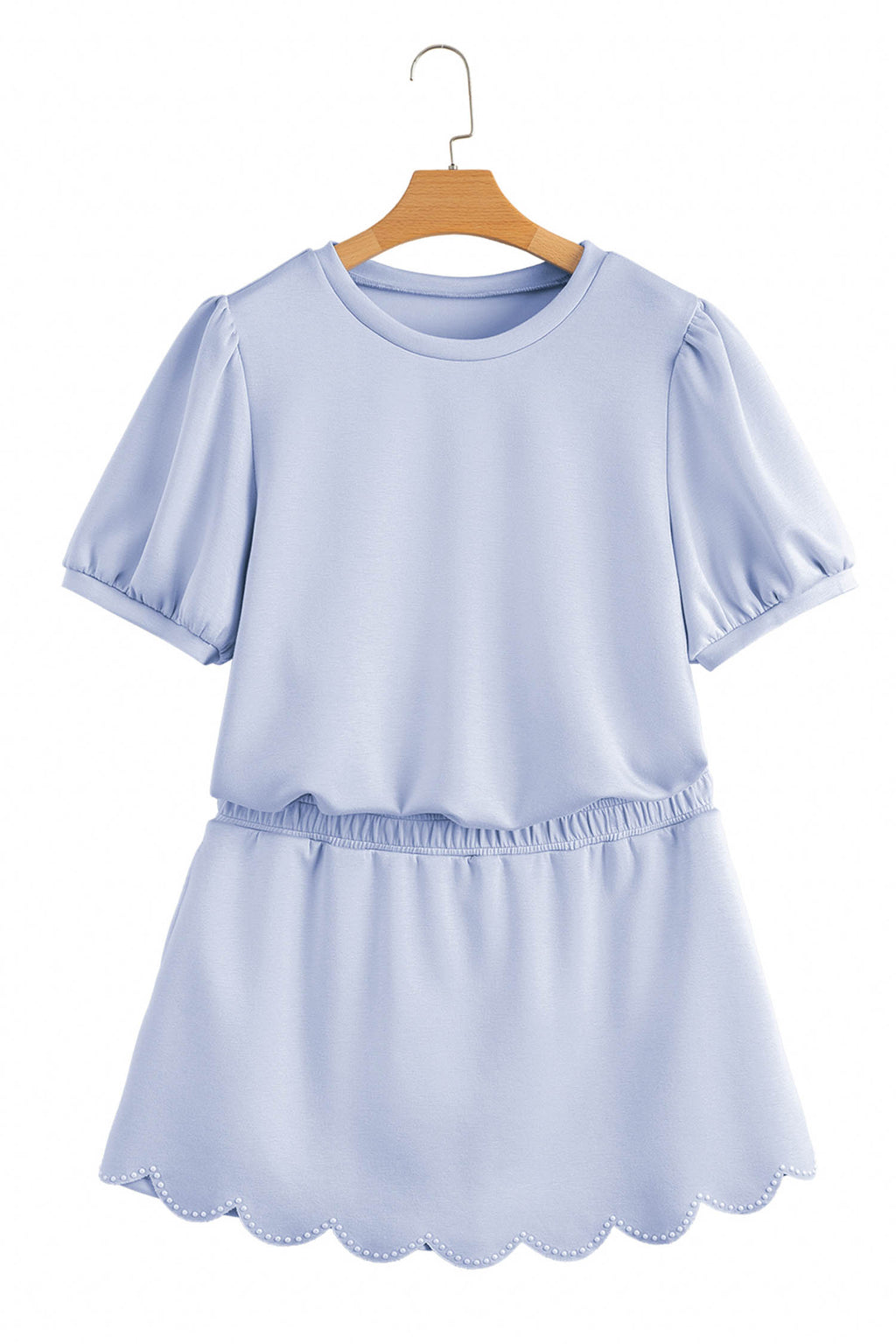 Beau Blue Puff Sleeve Pearl Embellished Scallop Trim Top 2 Piece Skort Set
