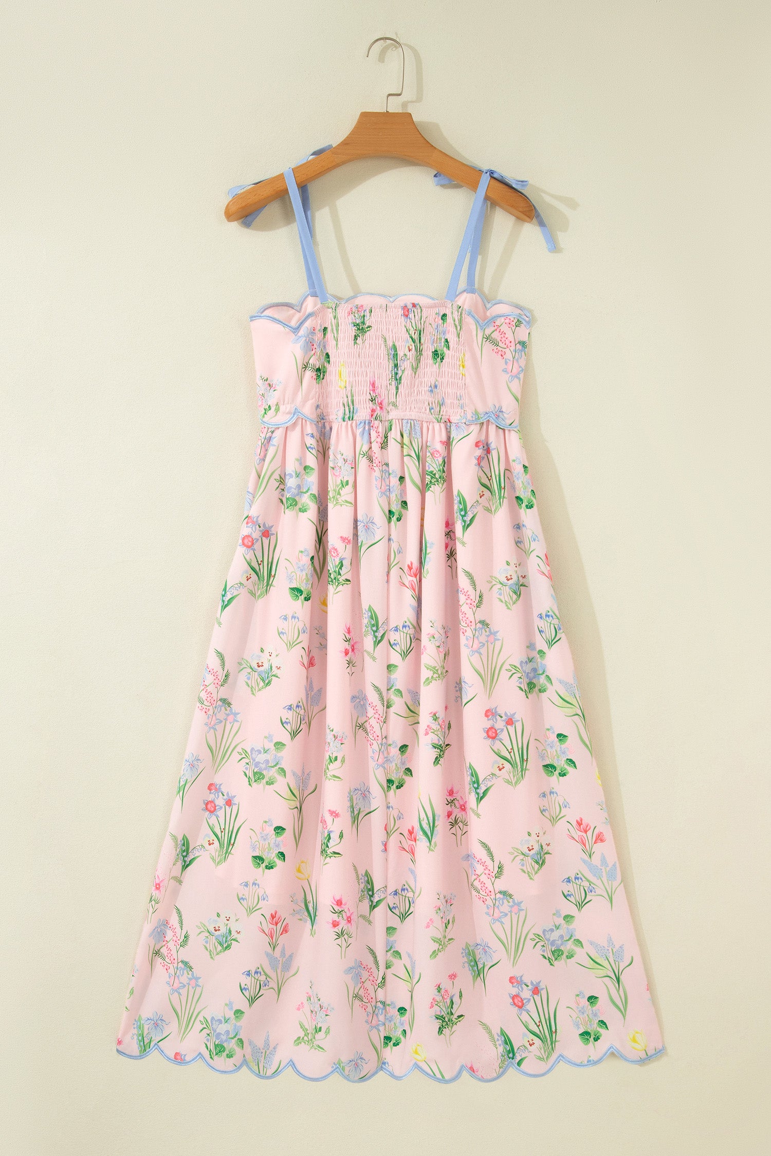 Beige Floral Print Contrast Trim Self-tie Straps High Waist Midi Dress