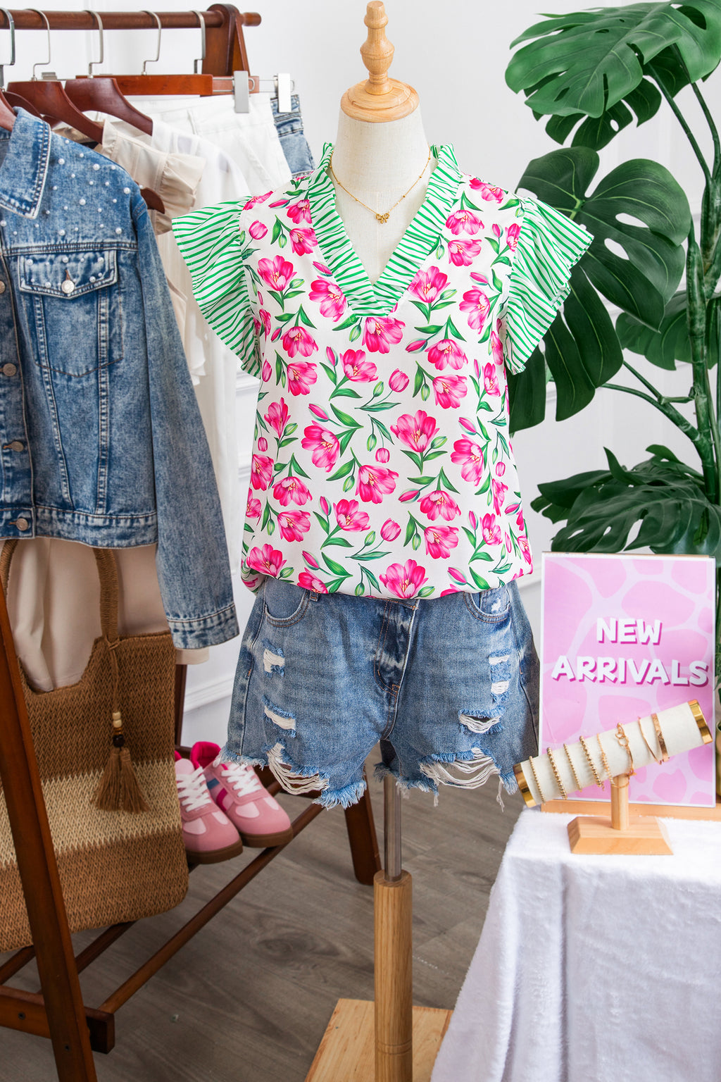 Multicolour Sweet Floral Print Striped Ruffle Trim V Neck Blouse