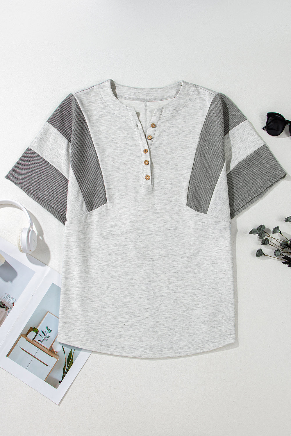 Two Tone Waffle Knit Patched Buttoned V Neck Top