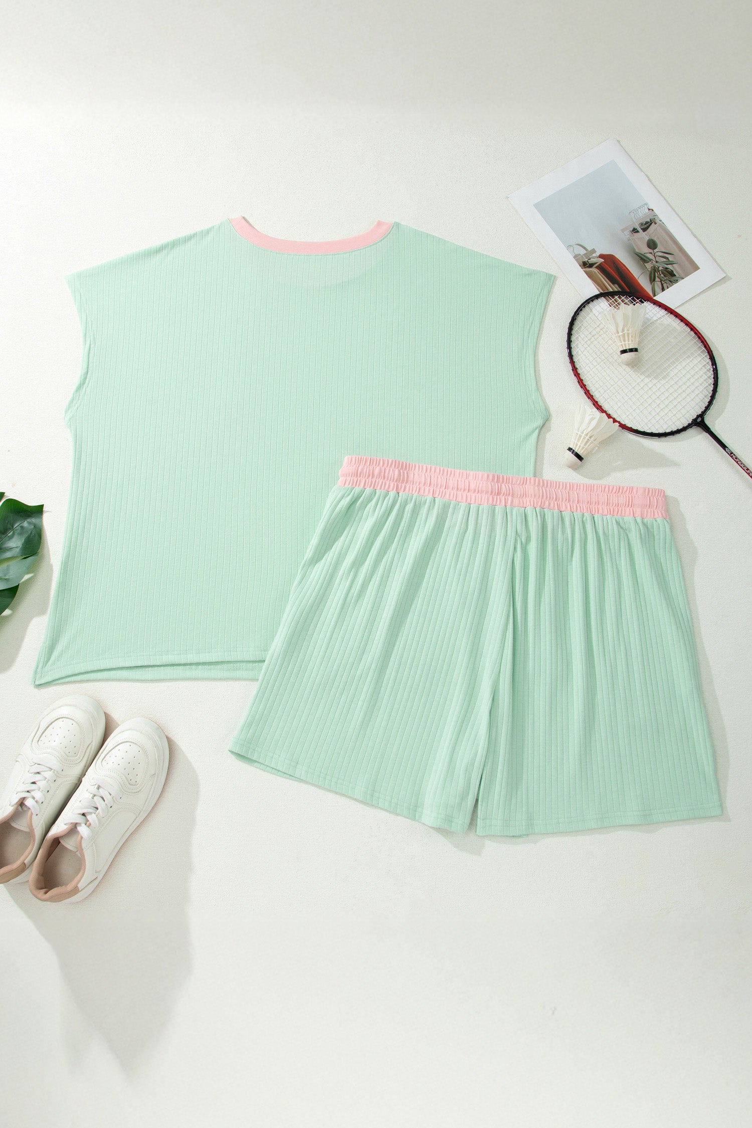 Yellow Cream Plus Size Ribbed Color Block Trim Drawstring Shorts 2pcs Set