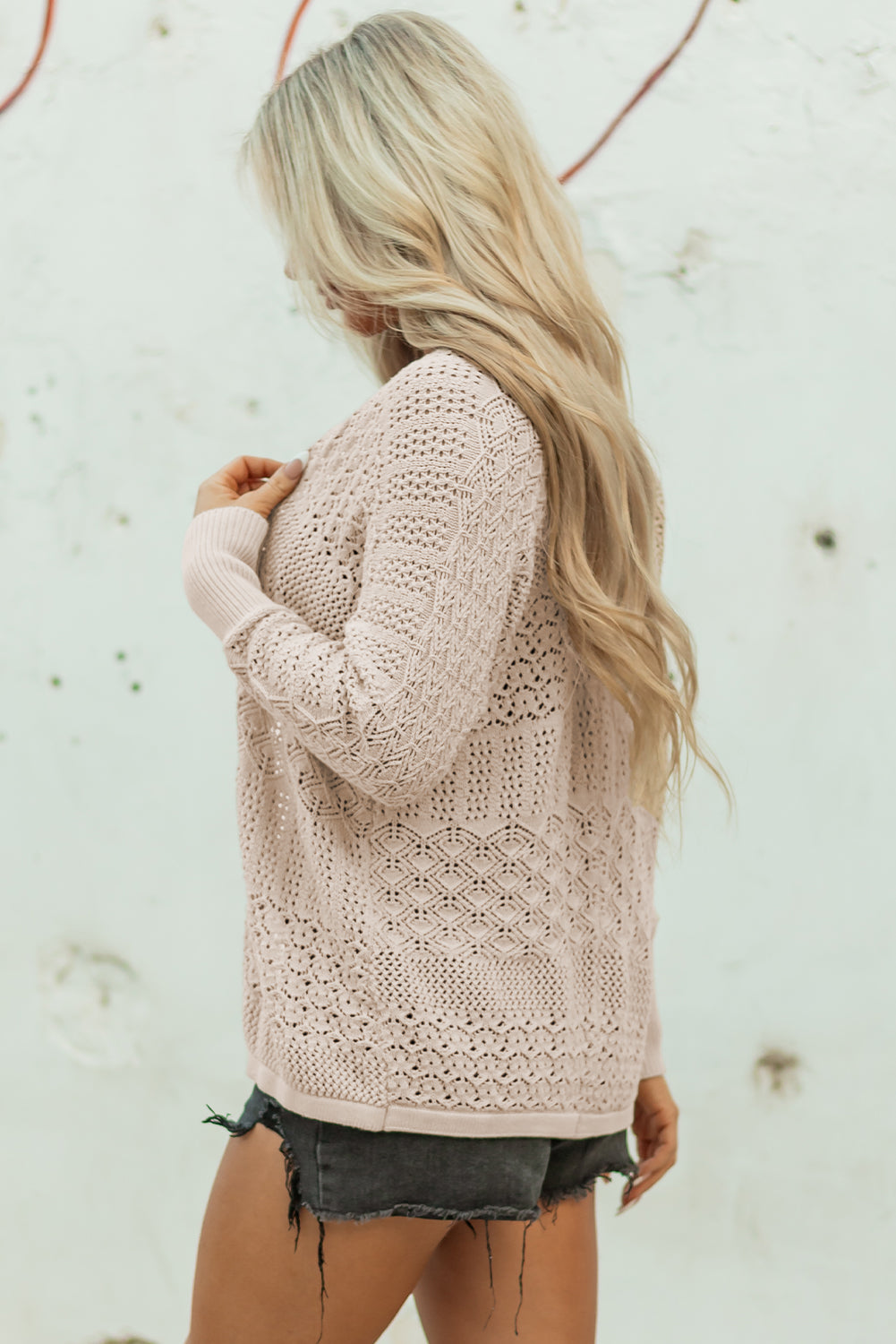 Jet Stream Mix Pattern Hollowed Knit Open Front Cardigan