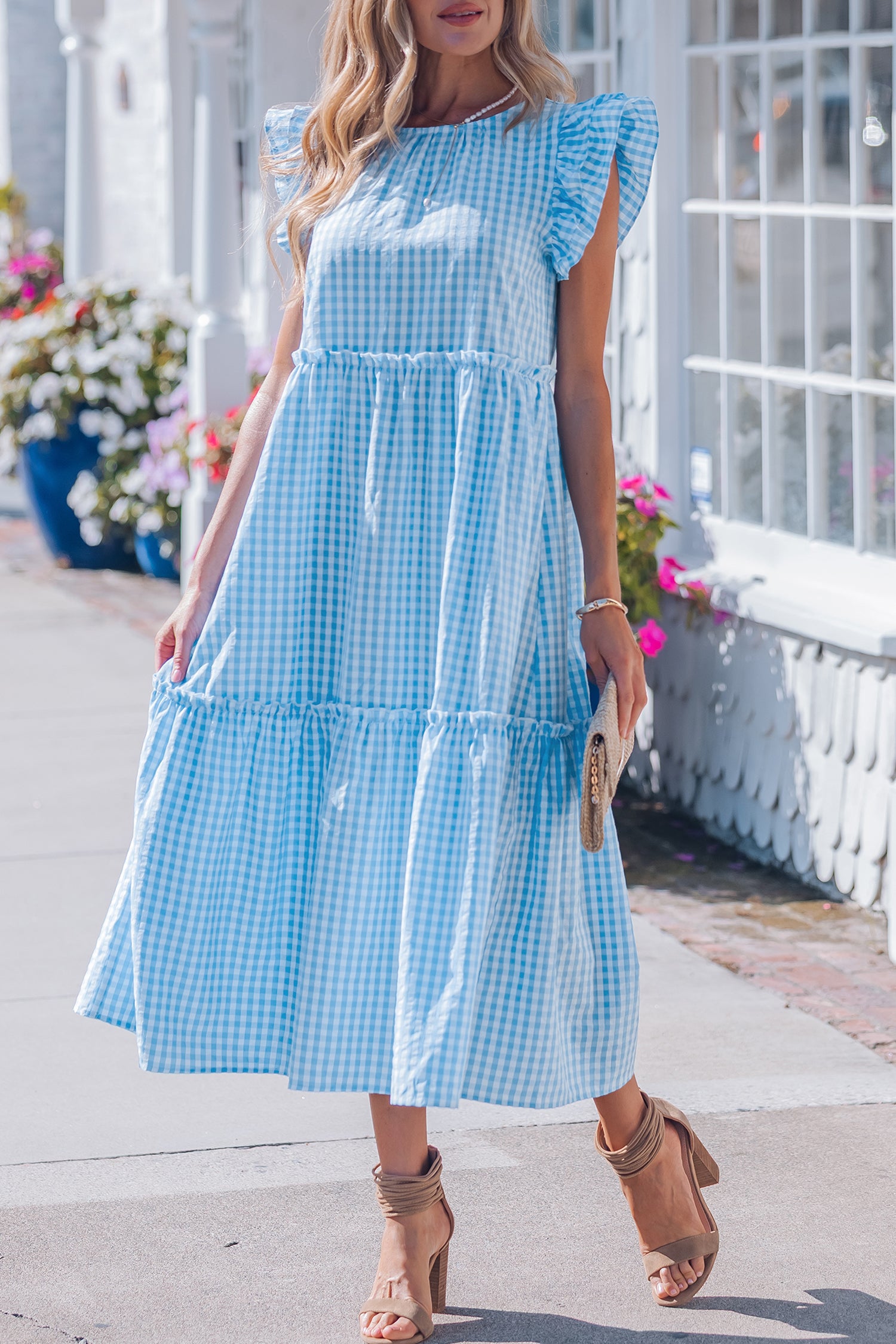 Blue Knot Back Ruffled Short Sleeve Gingham Maxi Dress