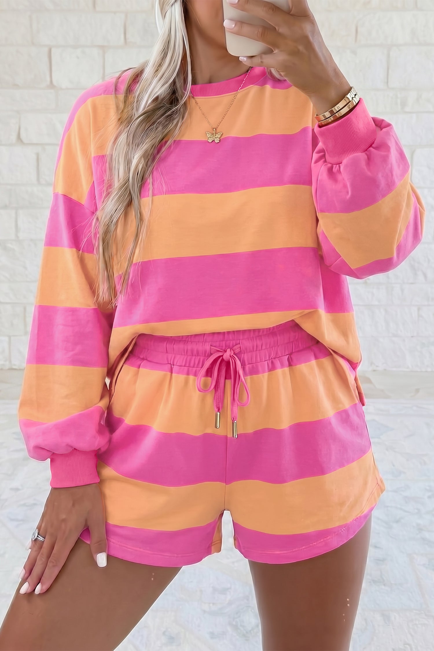 Pink Stripe Long Sleeve Casual Top Drawstring Shorts 2pcs Set