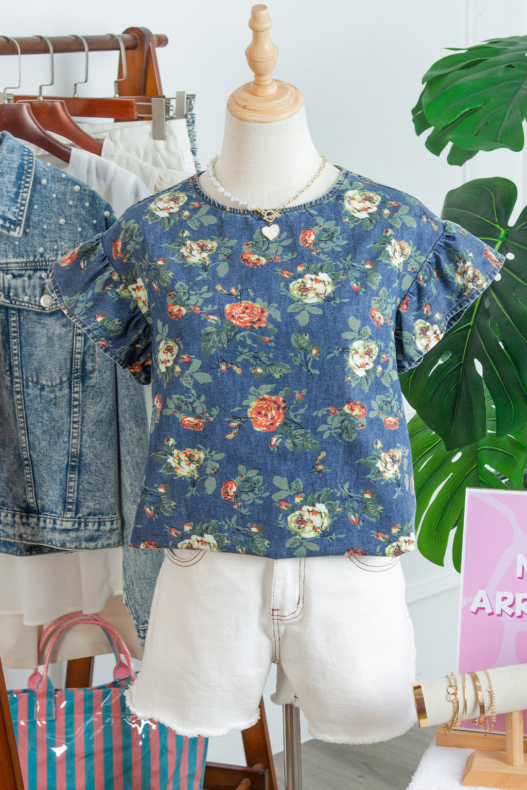 Ashleigh Blue Ruffled Short Sleeve Floral Denim Top
