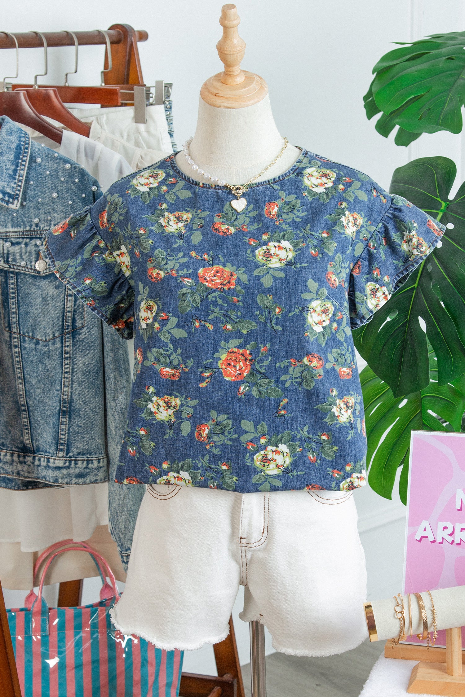 Ashleigh Blue Ruffled Short Sleeve Floral Denim Top