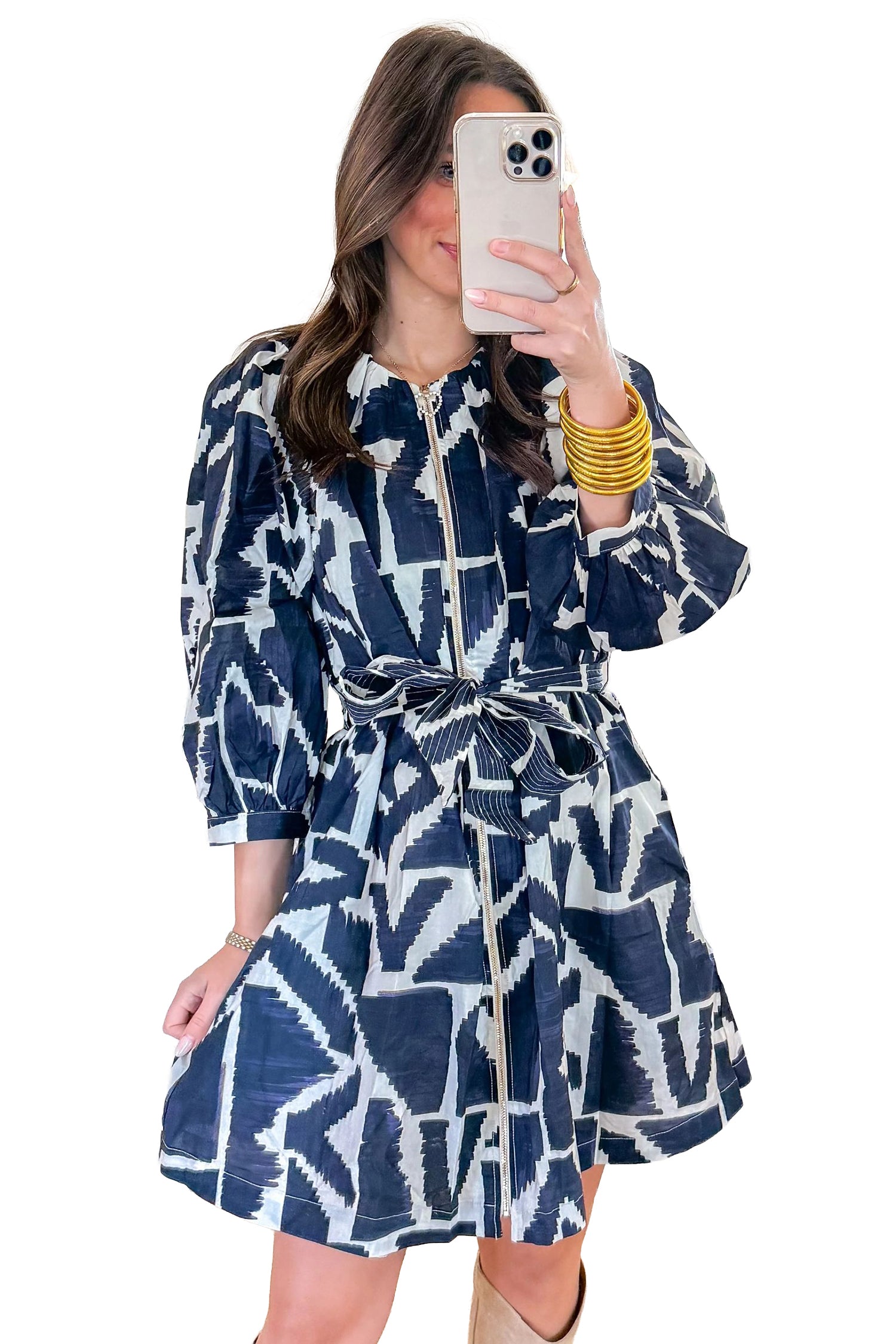 Blue Abstract Geometric Print Zip Front Tie Waist Shift Dress