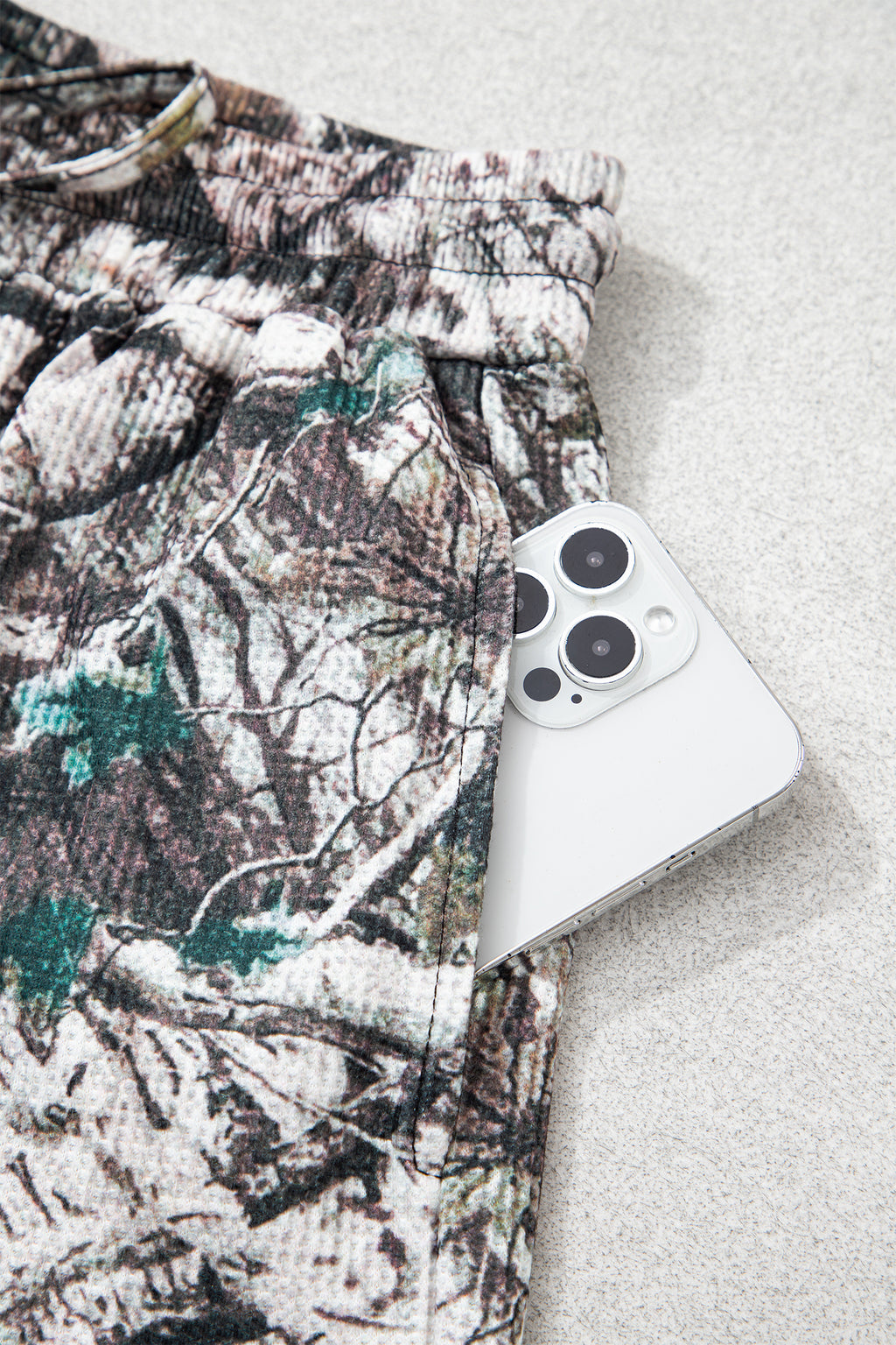 Brown Camo Long Sleeve Top Elastic Waist Shorts Two Piece Set