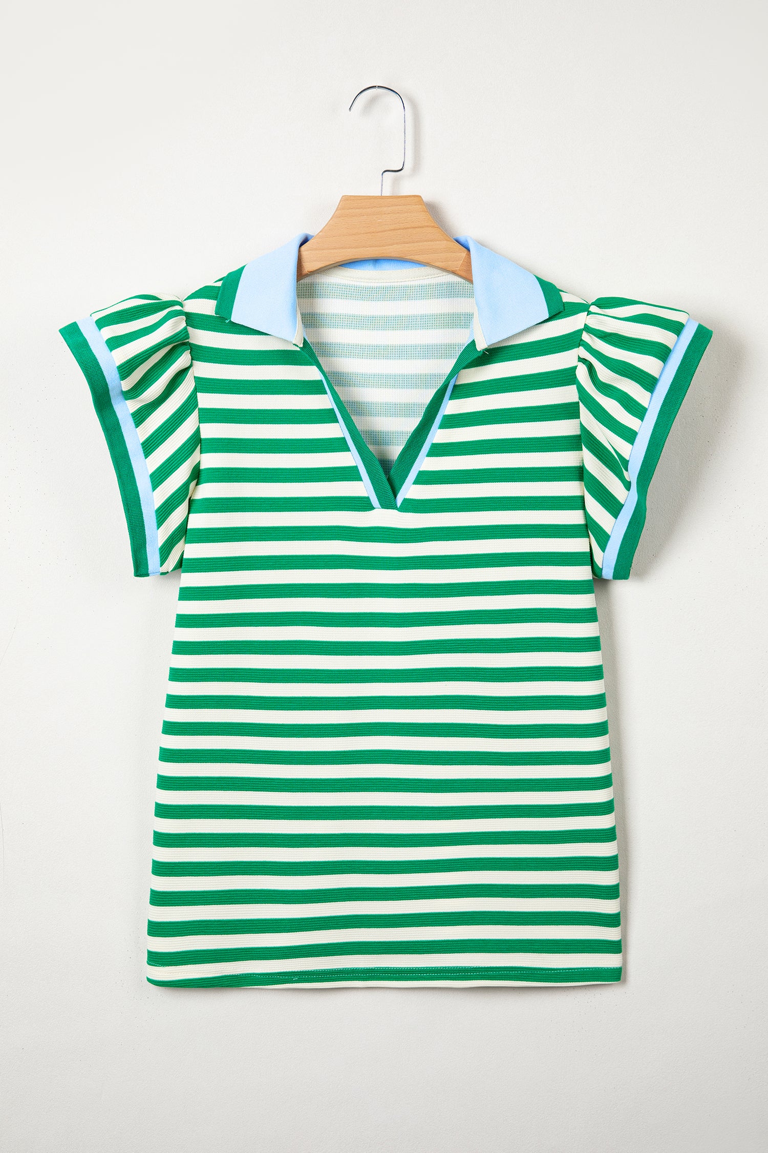 Green Stripe Contrast Trim Polo Collar Ruffled Short Sleeve Blouse