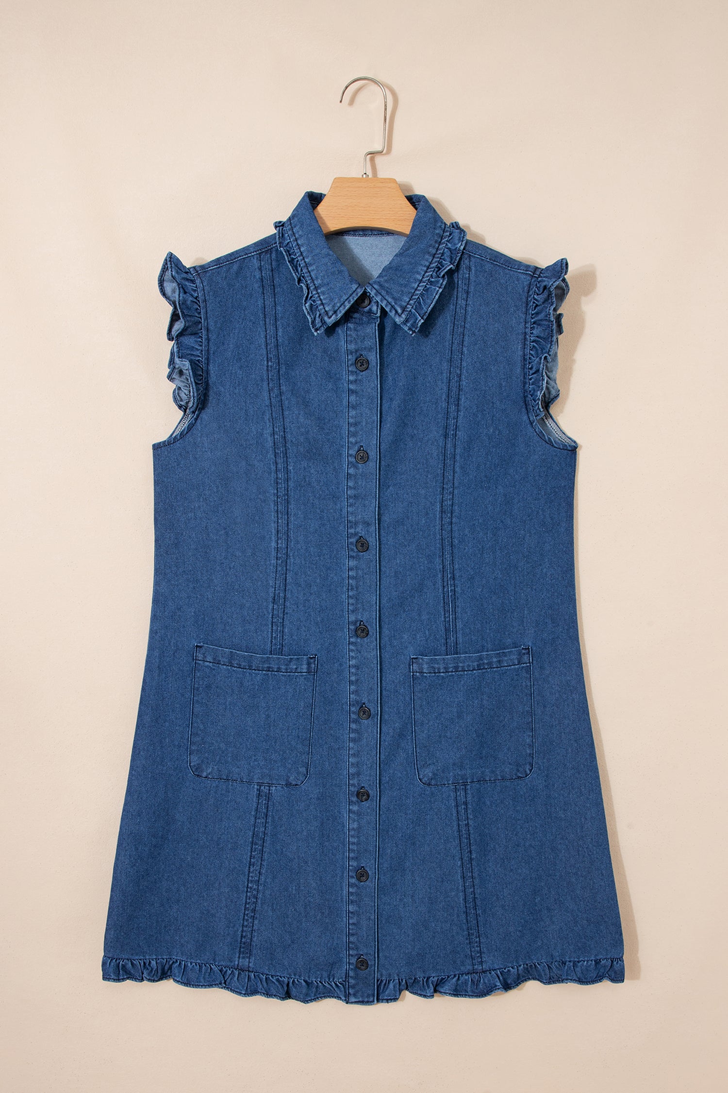 Sail Blue Ruffled Edge Collared Shift Denim Dress with Pockets