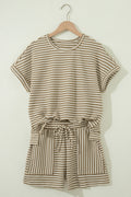 Brown Stripe Breathable Textured Knit Short 2pcs Set