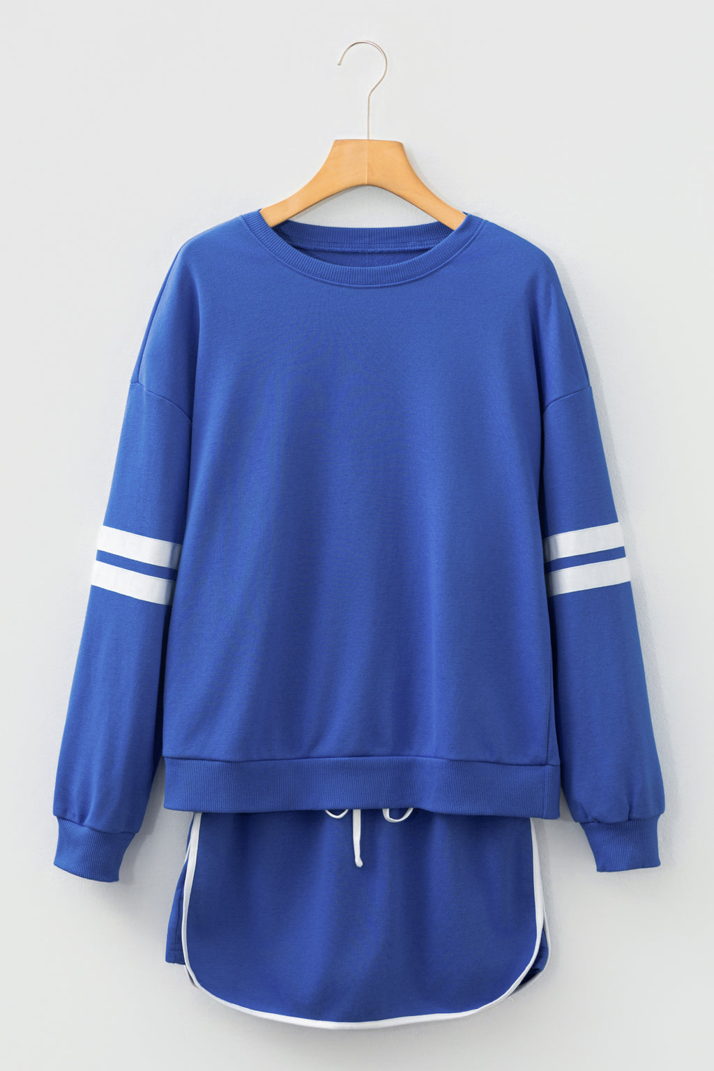Sky Blue Varsity Stripe Detail Drop Shoulder Pullover Mini Skort Set