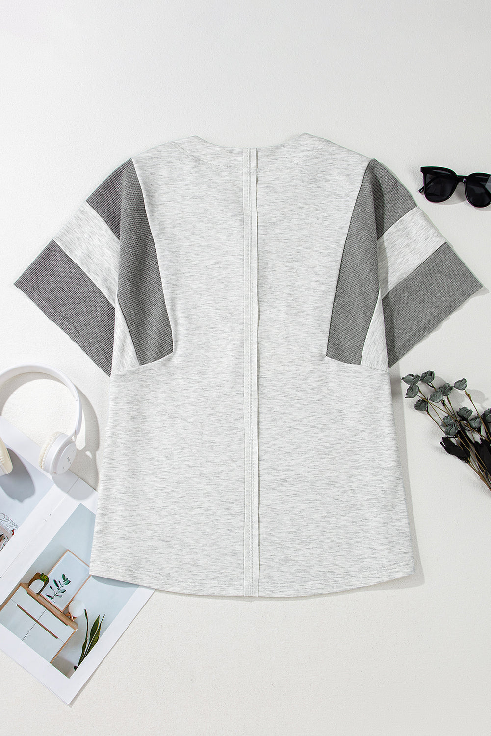 Two Tone Waffle Knit Patched Buttoned V Neck Top