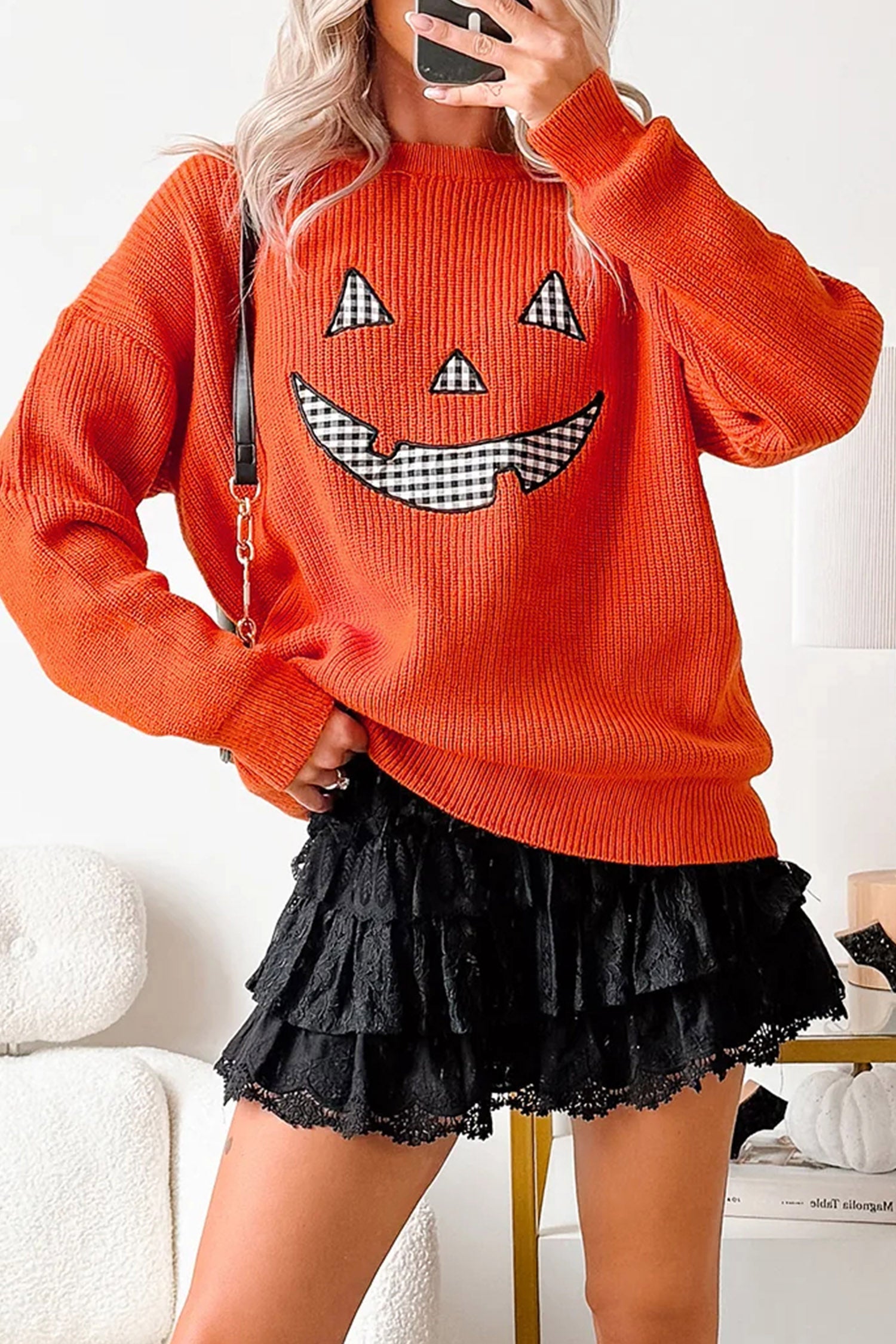 Orange Drop Shoulder Long Sleeve Round Neck Halloween Sweater