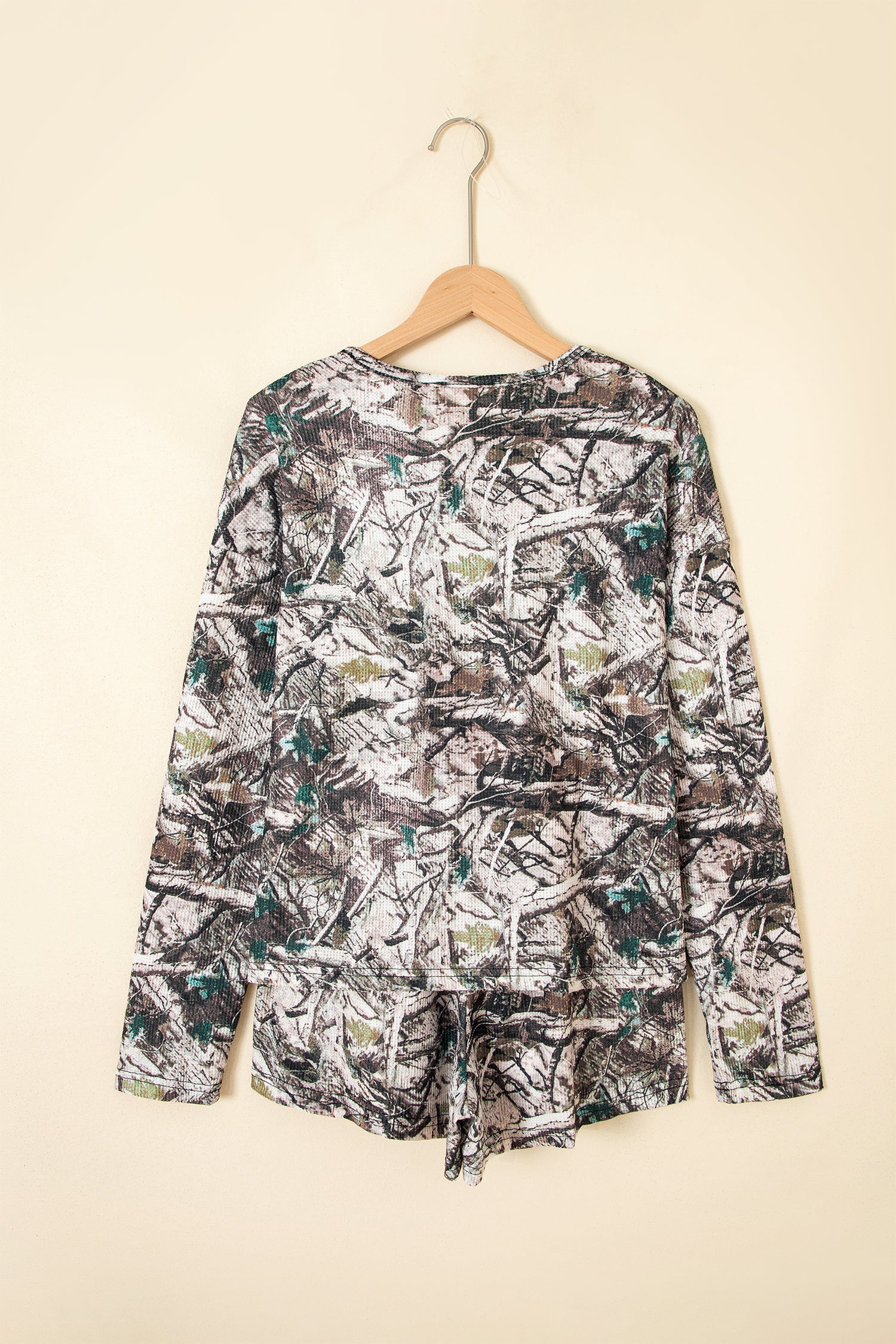 Brown Camo Long Sleeve Top Elastic Waist Shorts Two Piece Set