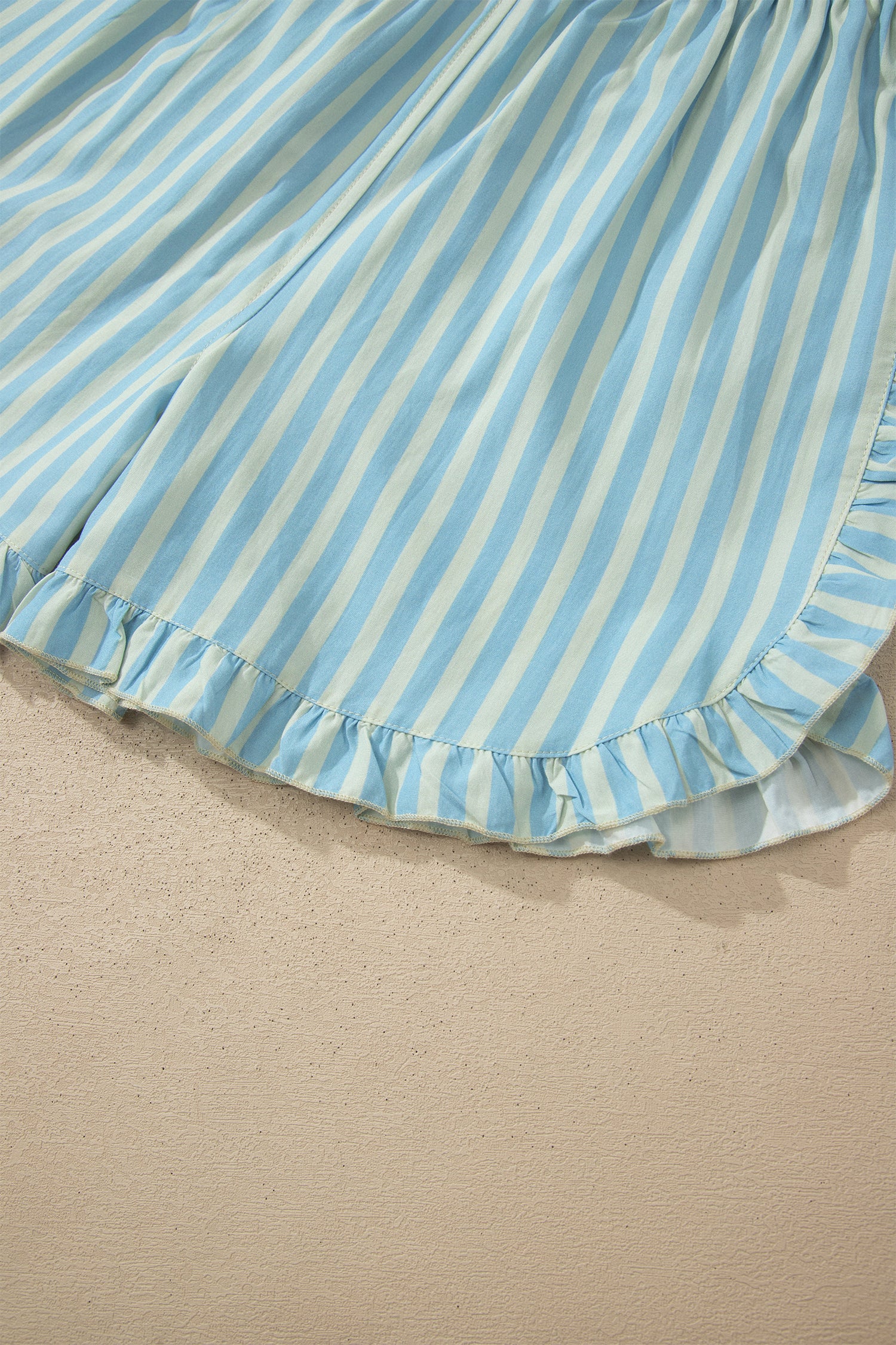 Sky Blue Stripe Elastic Waist Ruffle Trim Casual Shorts