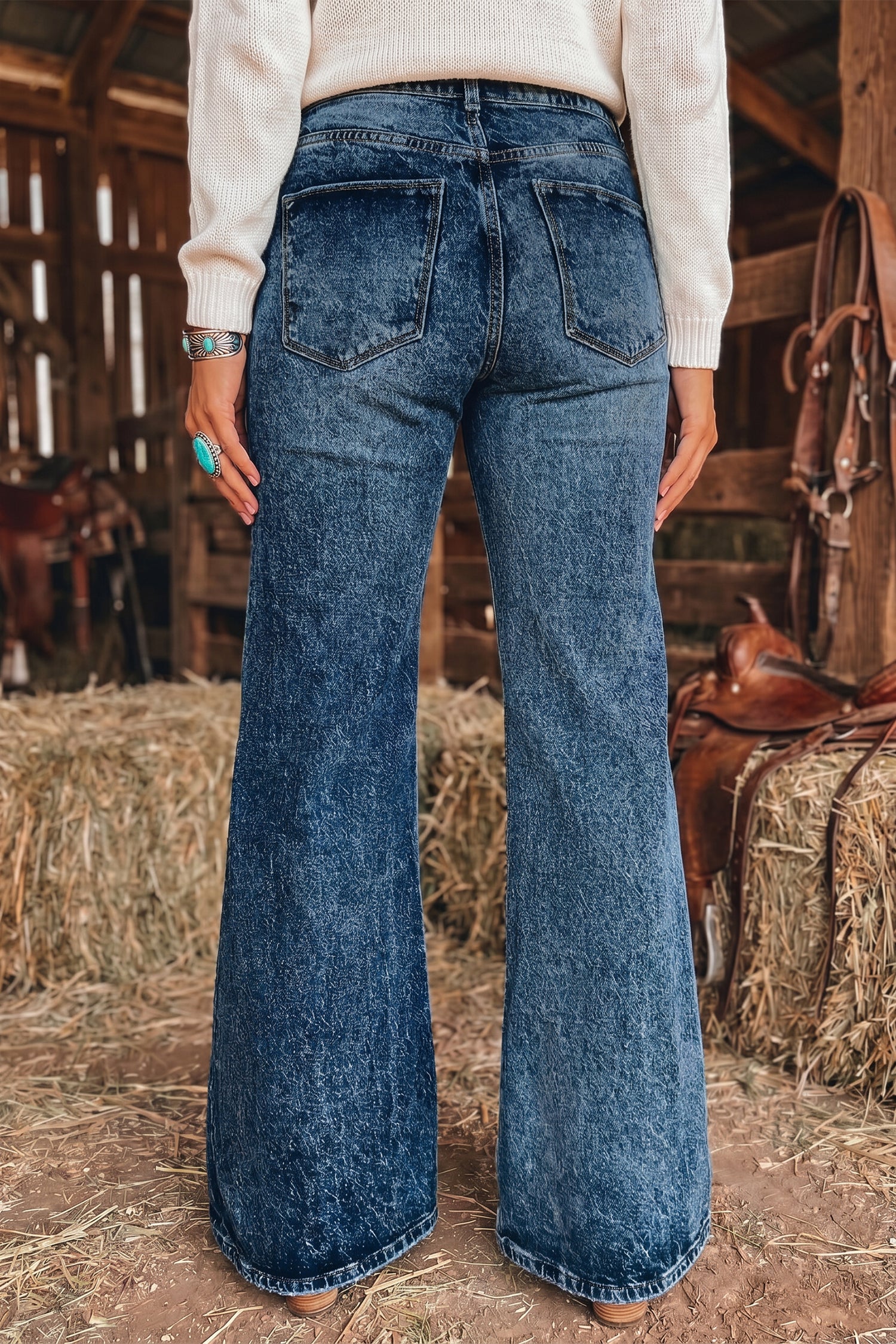 Beau Blue Acid Wash Pocket Detail Flare Jeans