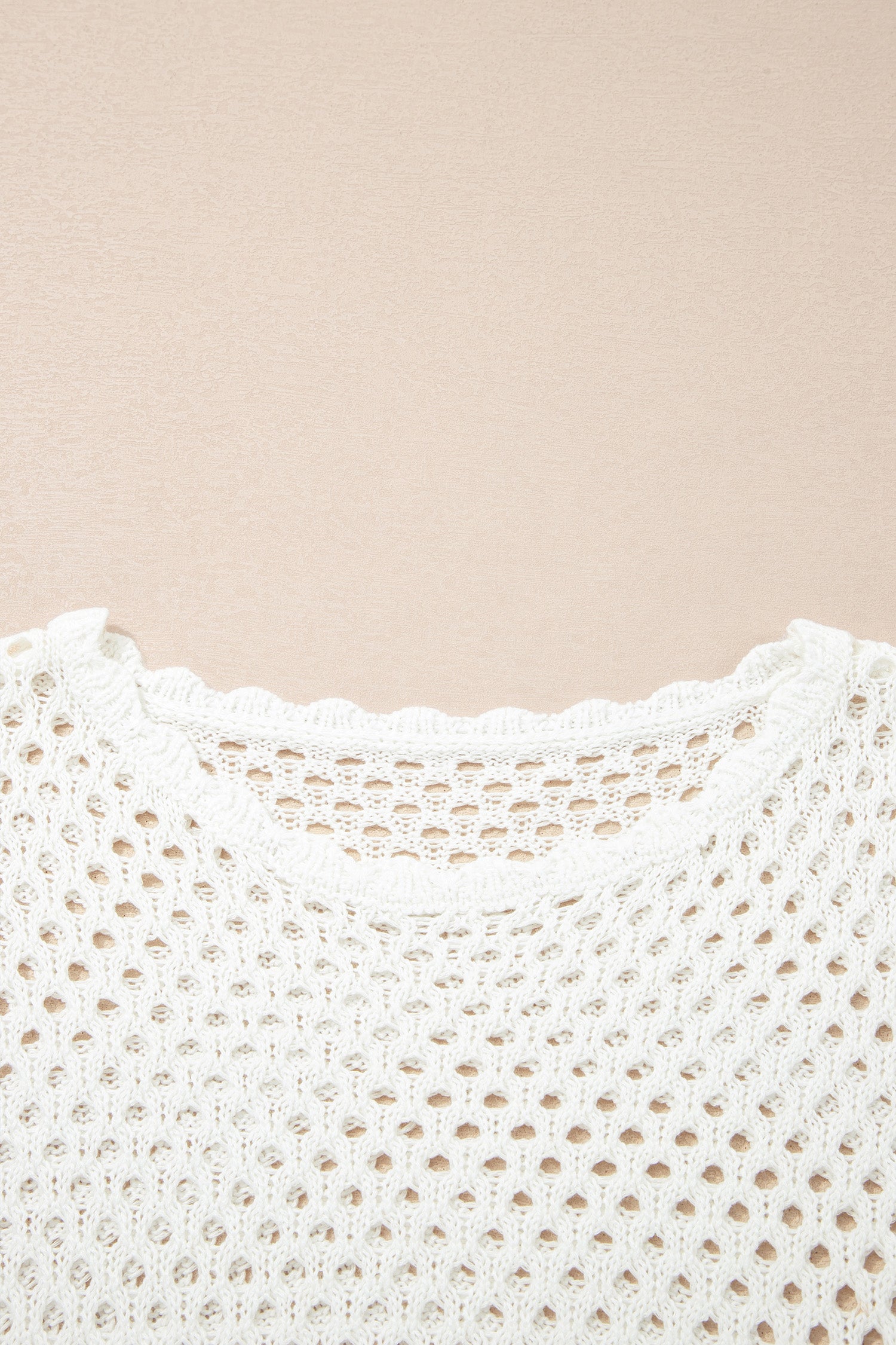 White Scalloped Trim Hollow Out Knit Long Sleeve Top