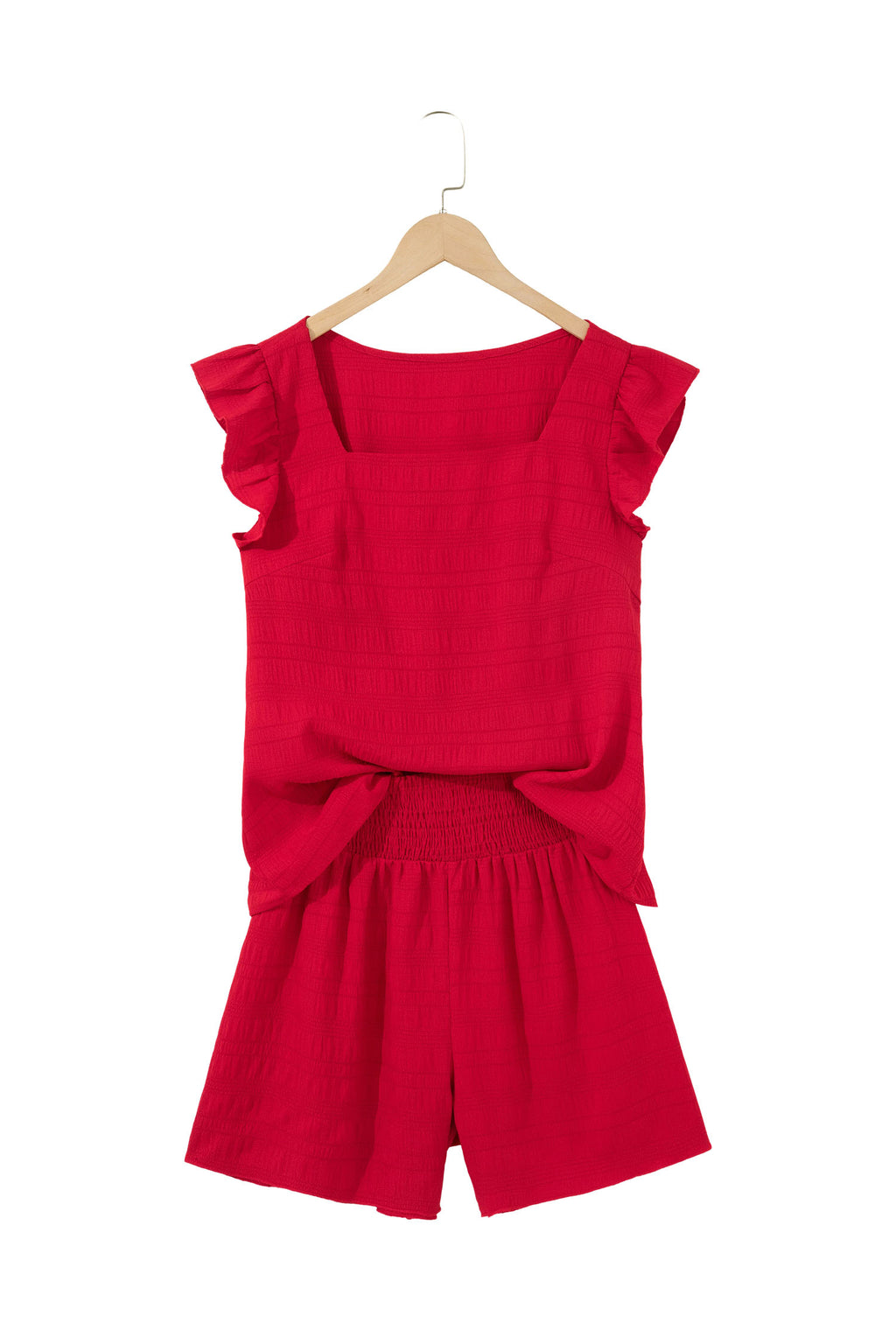 Fiery Red Textured Square Neck Top and Shirred High Waist Shorts Set