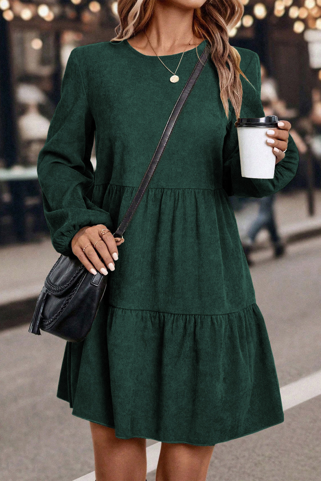 Black Lantern Sleeve Tiered Mini Dress