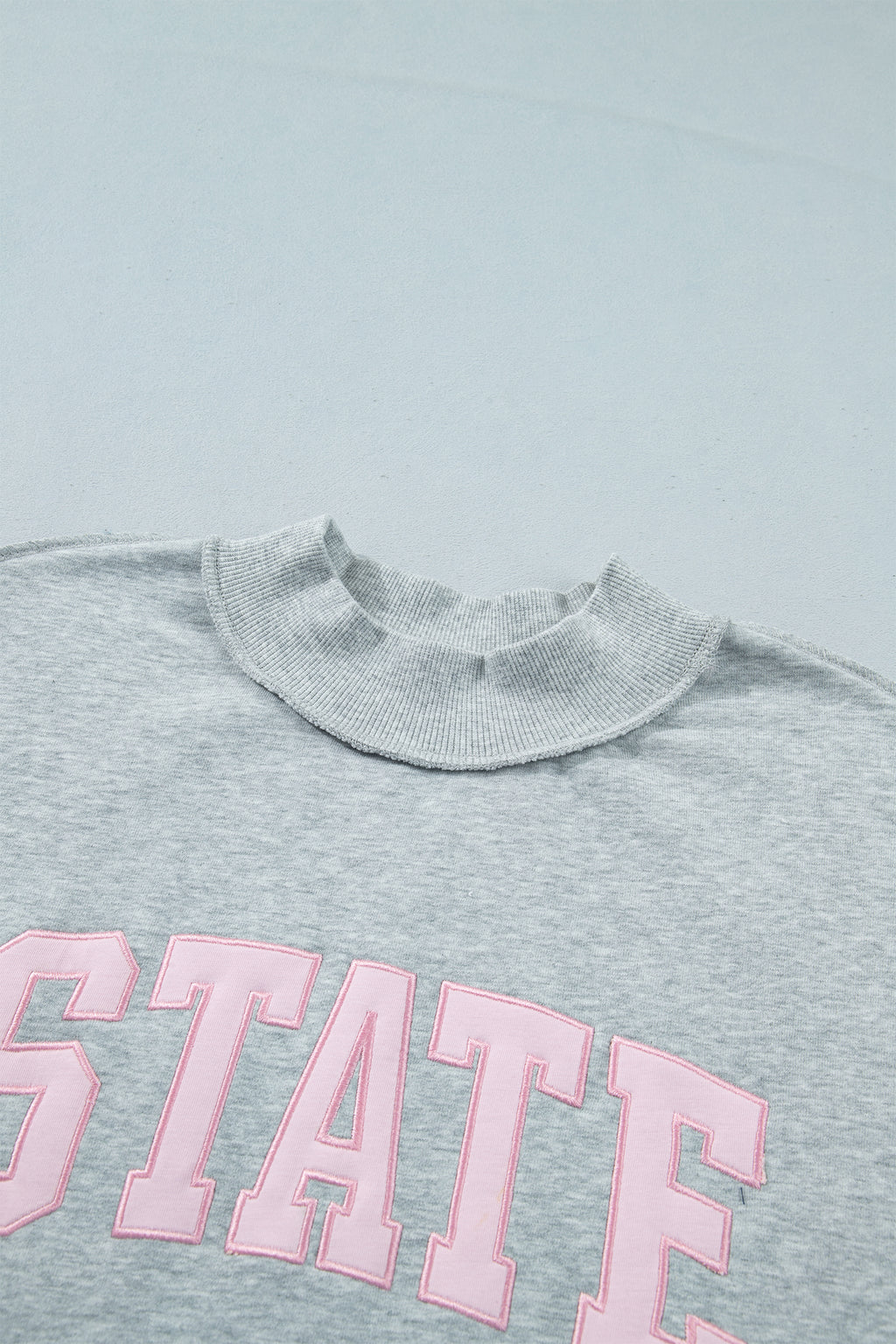Light Grey Exposed Seam Mock Neck Letter Embroidered Loose Sweatshirt