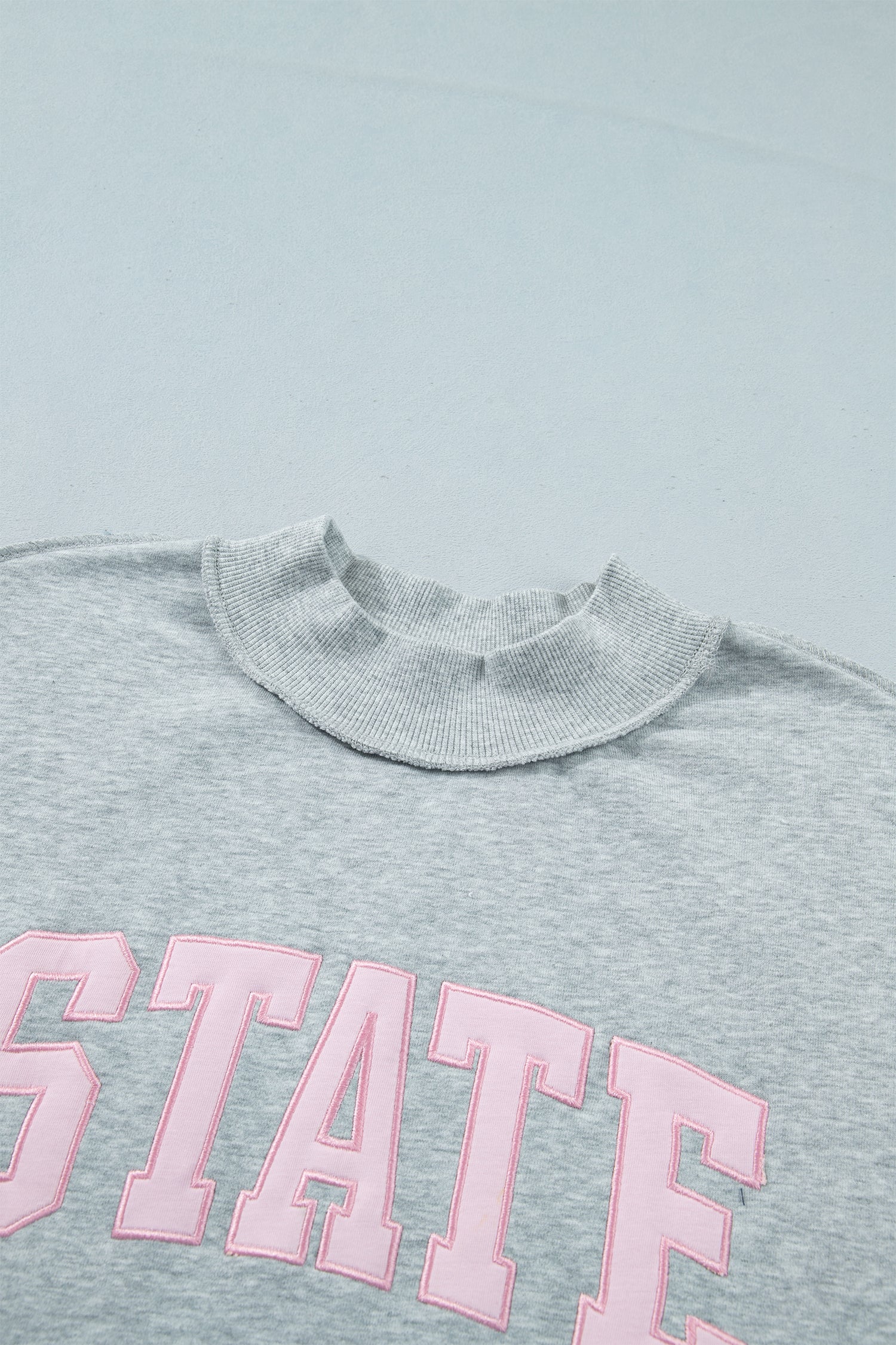 Light Grey Exposed Seam Mock Neck Letter Embroidered Loose Sweatshirt