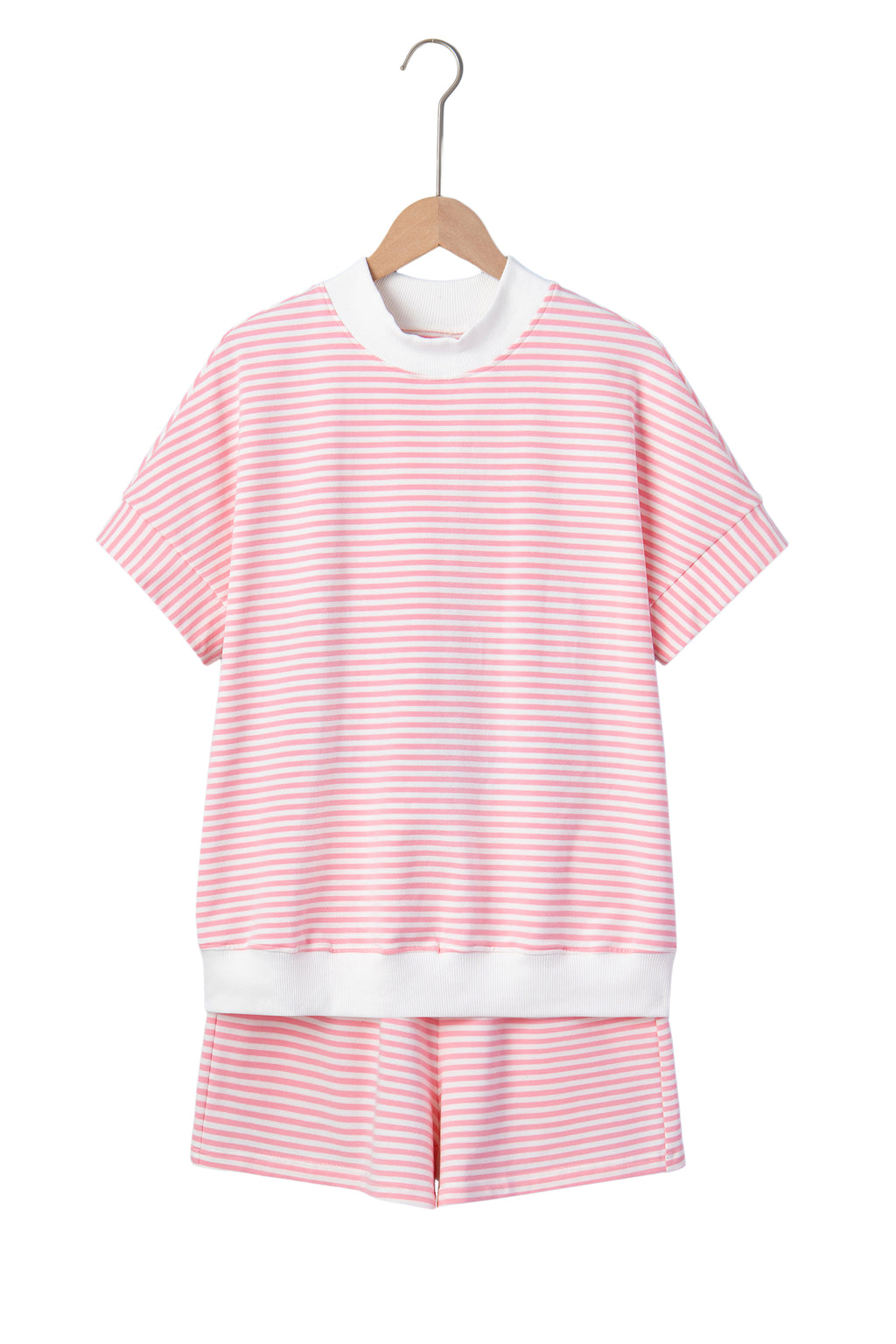 Green Stripe Cuffed Sleeve Contrast Mock Neck Tee Casual 2pcs Short Set