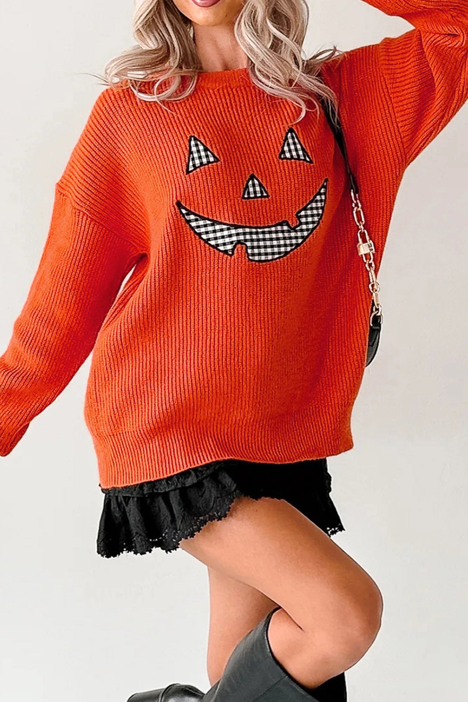 Orange Drop Shoulder Long Sleeve Round Neck Halloween Sweater