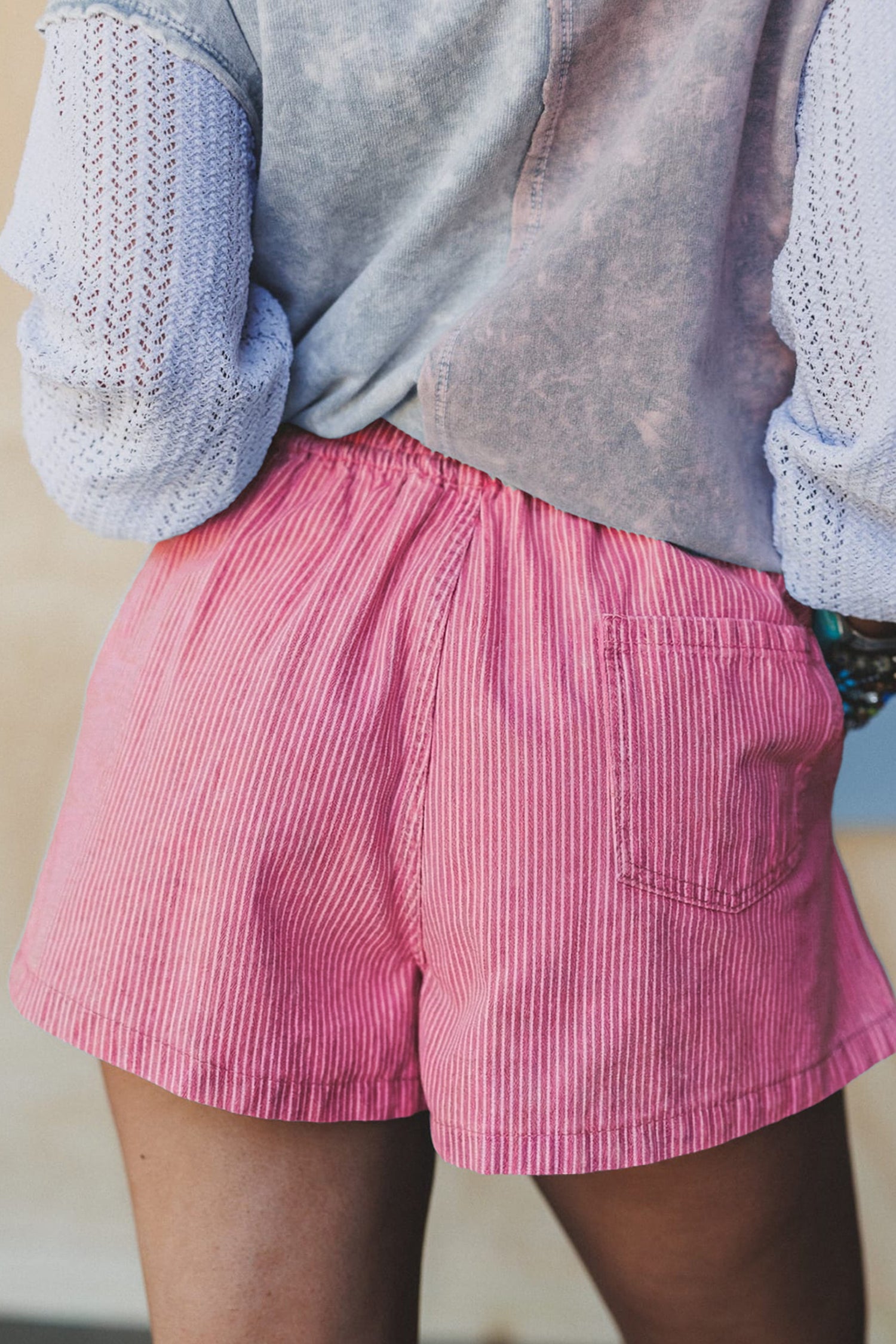 Sky Blue Stripe Drawstring Elastic Waist Casual Denim Shorts