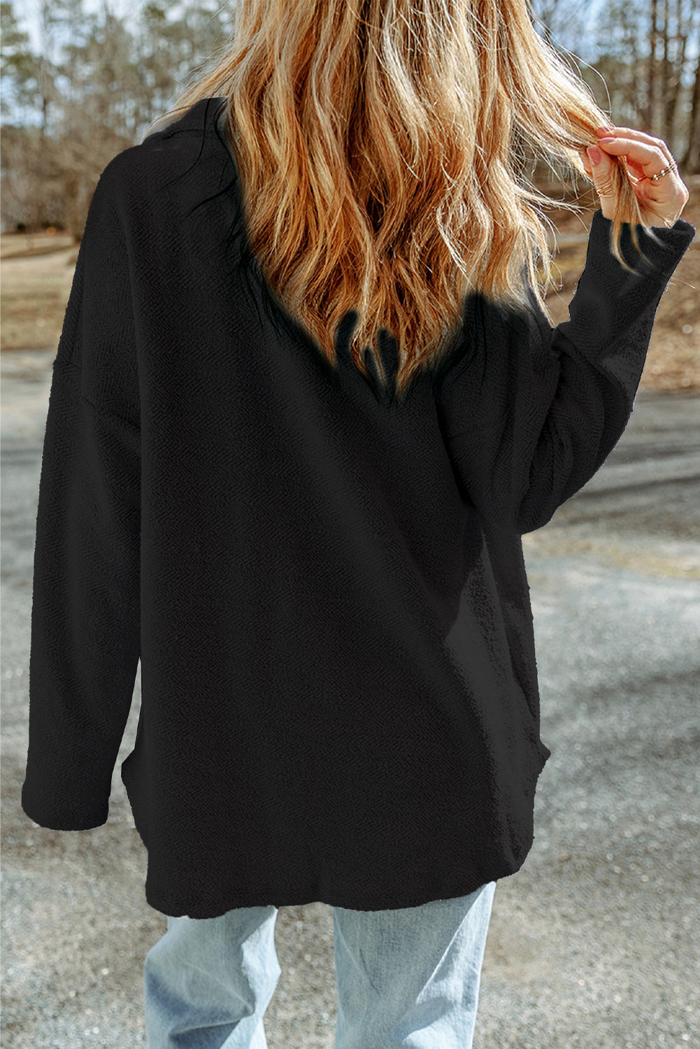 Black Sequined Football Flap Pockets Buttoned Shacket