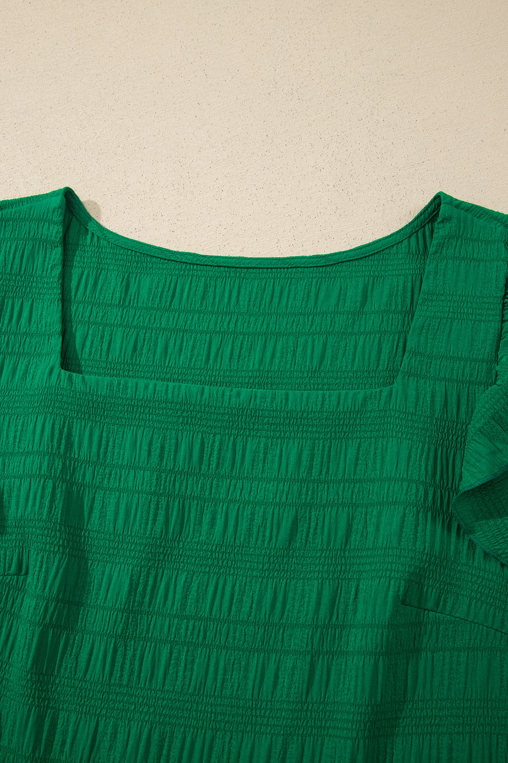 Dark Green Textured Square Neck Top and Shirred High Waist Shorts Set