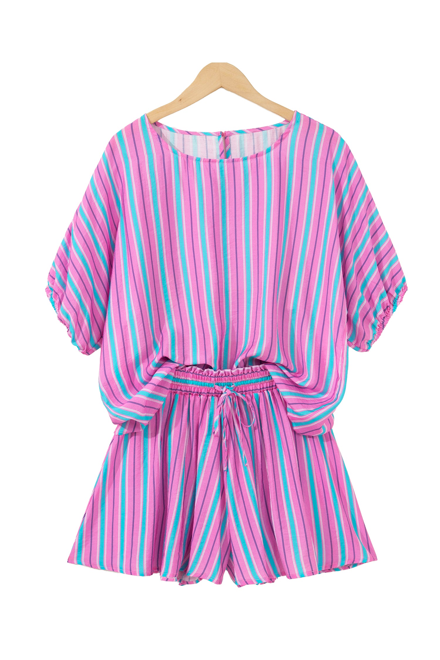 Pink Stripe Dolman Short Sleeve Blouse Drawstring Elastic Waist Loose Short Set