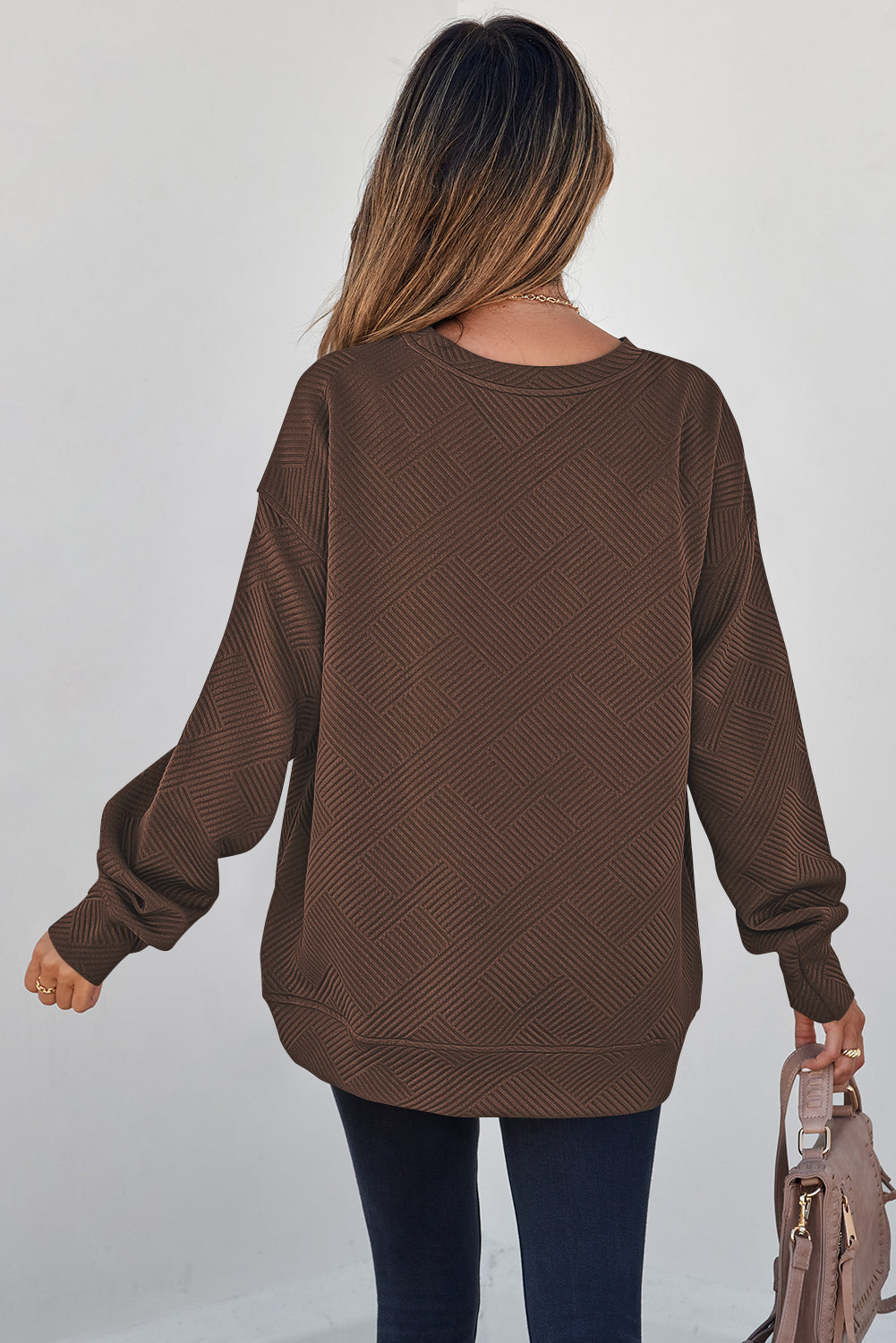 White Solid Color Textured Round Neck Drop Shoulder Pullover Sweatshirt