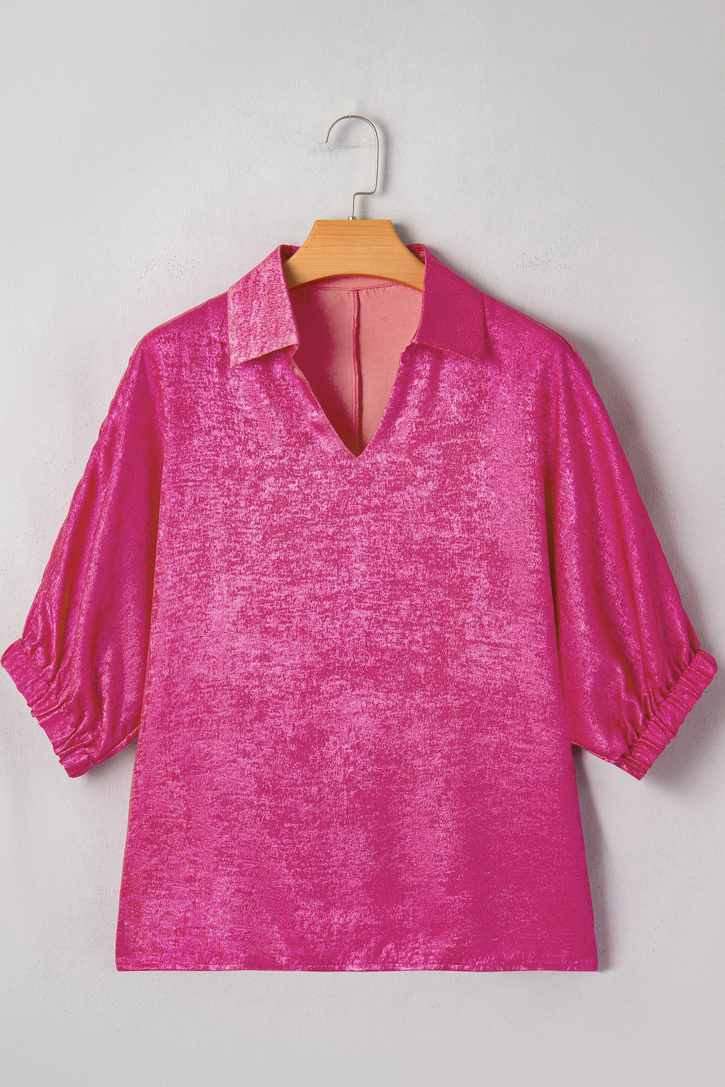 Clearly Aqua Collared V Neck Half Sleeve Metallic Top