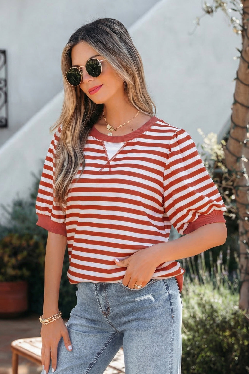 Khaki Stripe Short Bubble Sleeve T Shirt