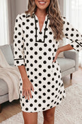 White Polka Dot Half Sleeve Collar V Neck Pocketed Casual Mini Dress