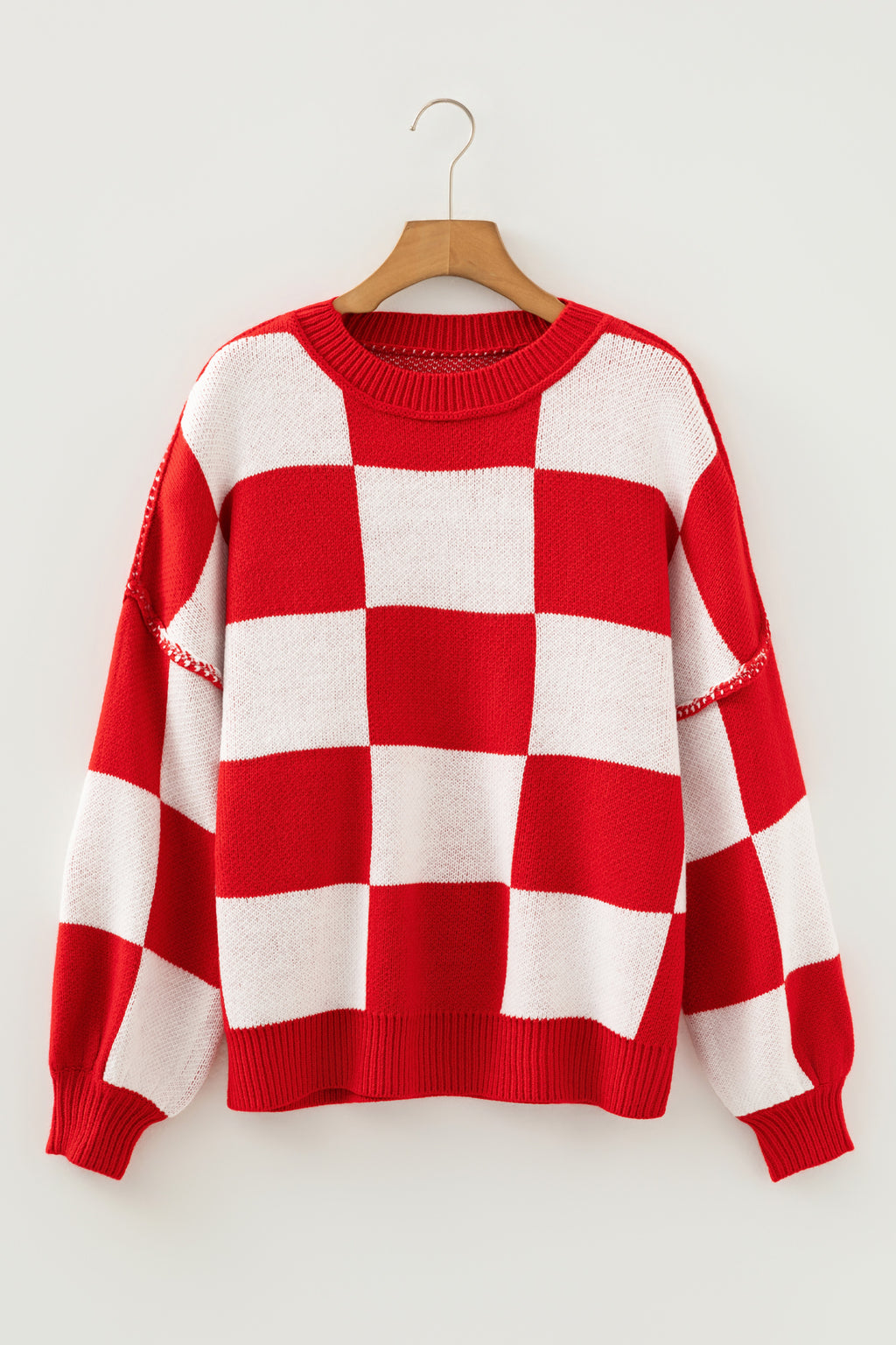 Gray Checkered Bishop Sleeve Sweater