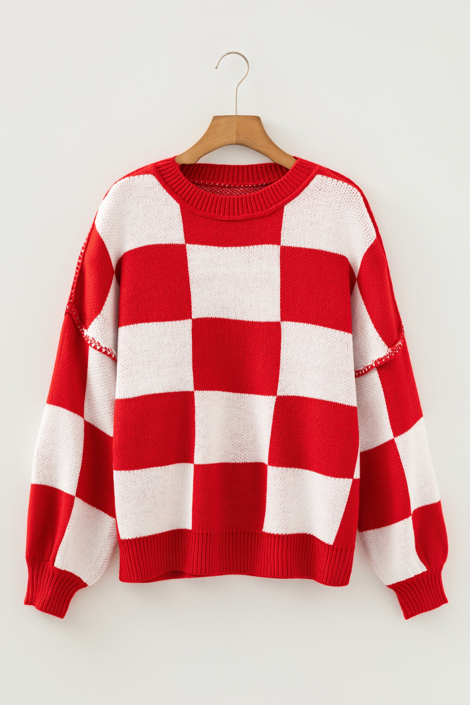 Gray Checkered Bishop Sleeve Sweater