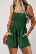 Green Casual Pocketed Smocked Sleeveless Romper