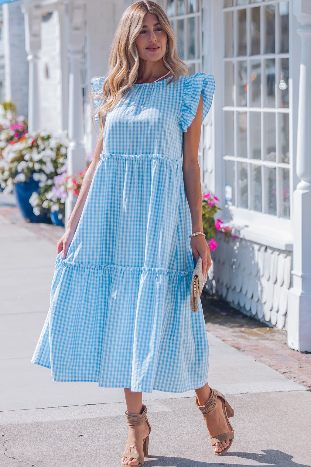 Blue Knot Back Ruffled Short Sleeve Gingham Maxi Dress