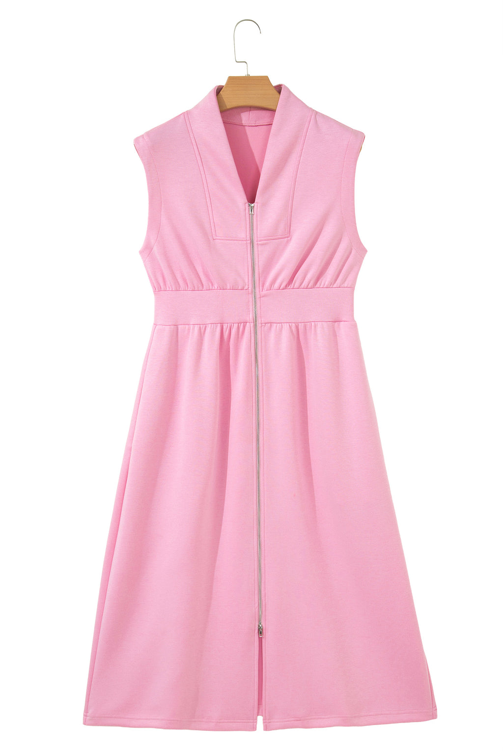 Pink V Neck Sleeveless Double Zip Shift Midi Dress