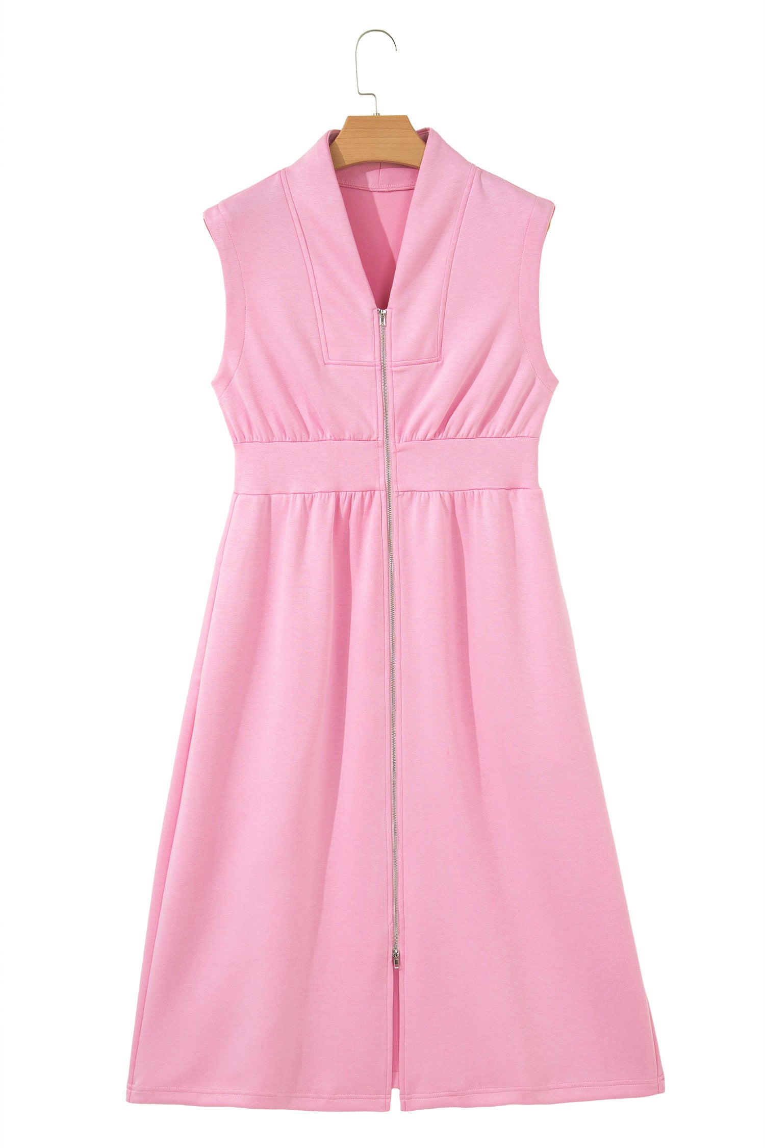 Pink V Neck Sleeveless Double Zip Shift Midi Dress