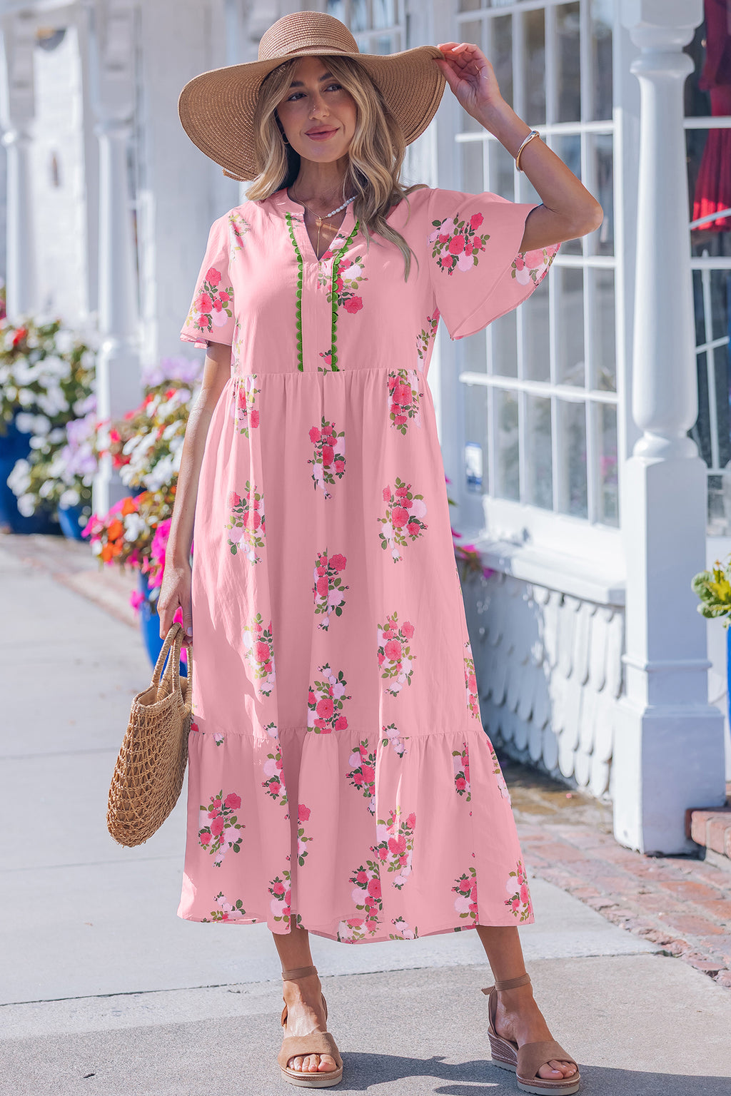 Sky Blue Notched Neck Flutter Short Sleeve Floral Print Maxi Dress